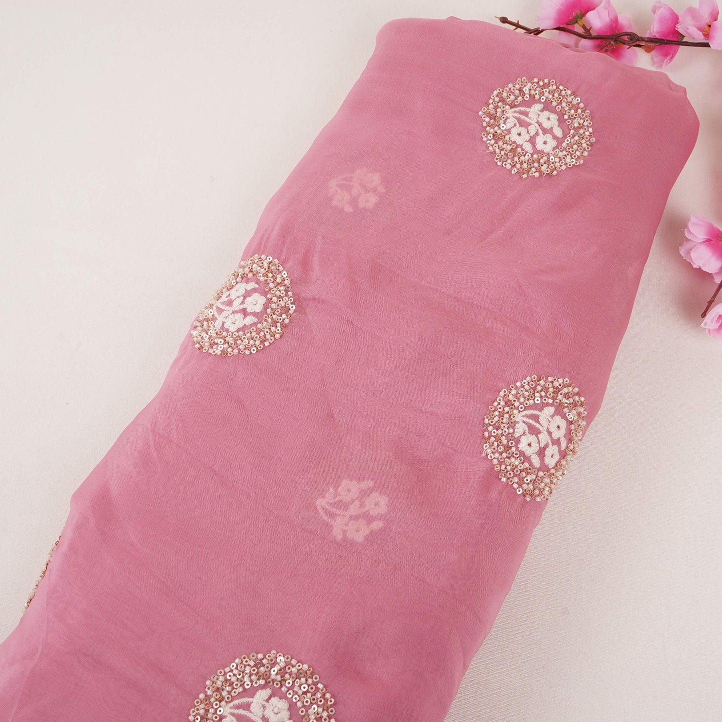 Pink floral cutdana embroidery Organza Fabric VFS-31533