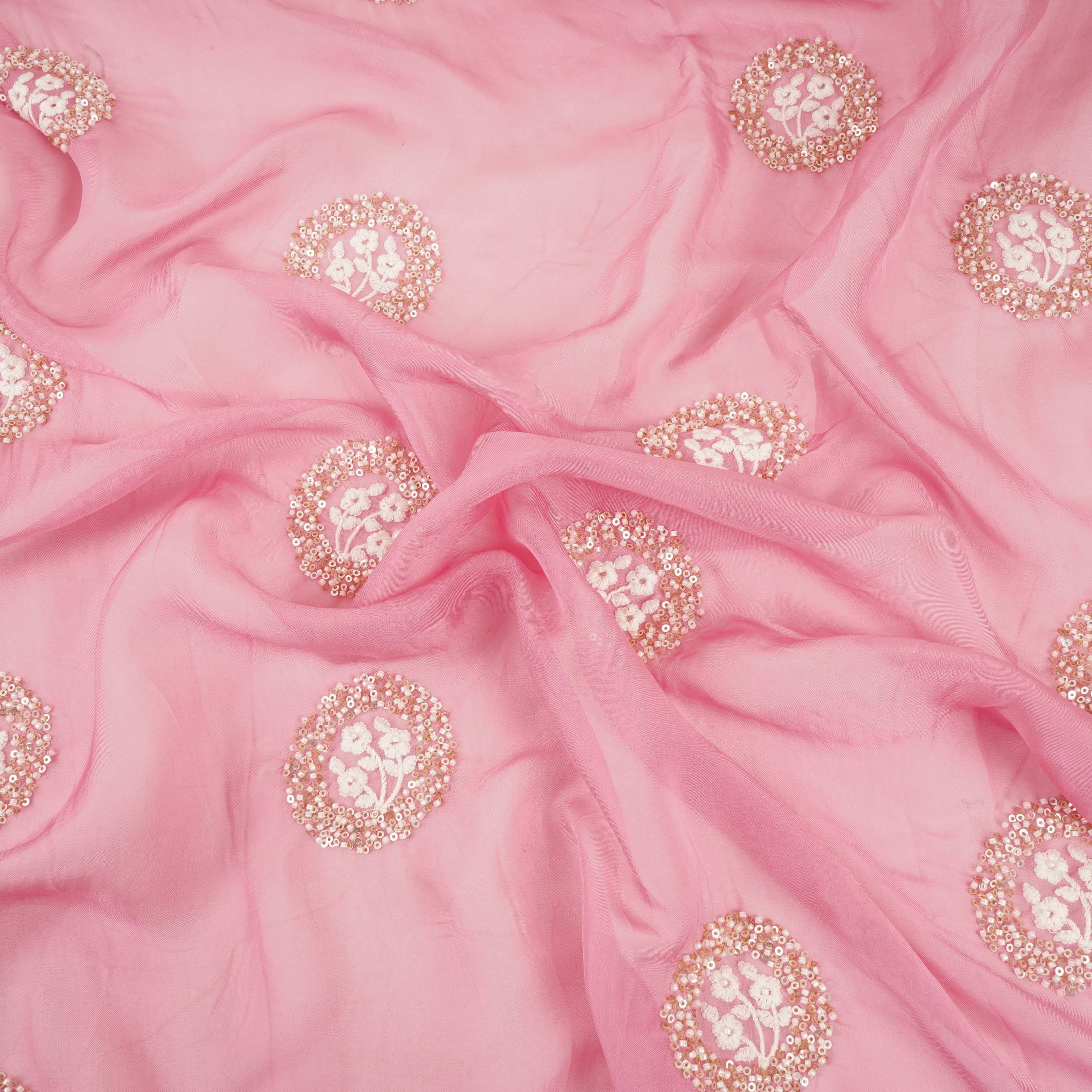 Pink floral cutdana embroidery Organza Fabric VFS-31533 - TradeUNO