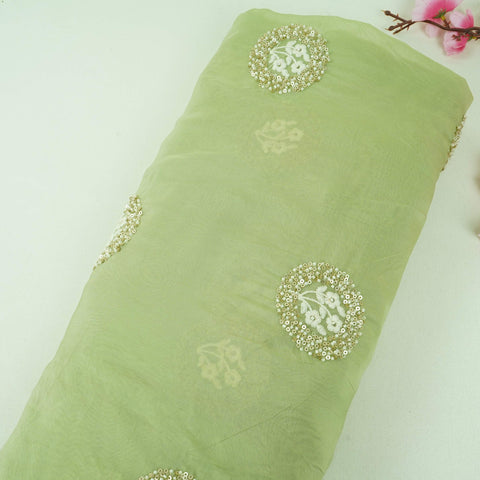 Mint Green floral cutdana embroidery Organza Fabric VFS-31534