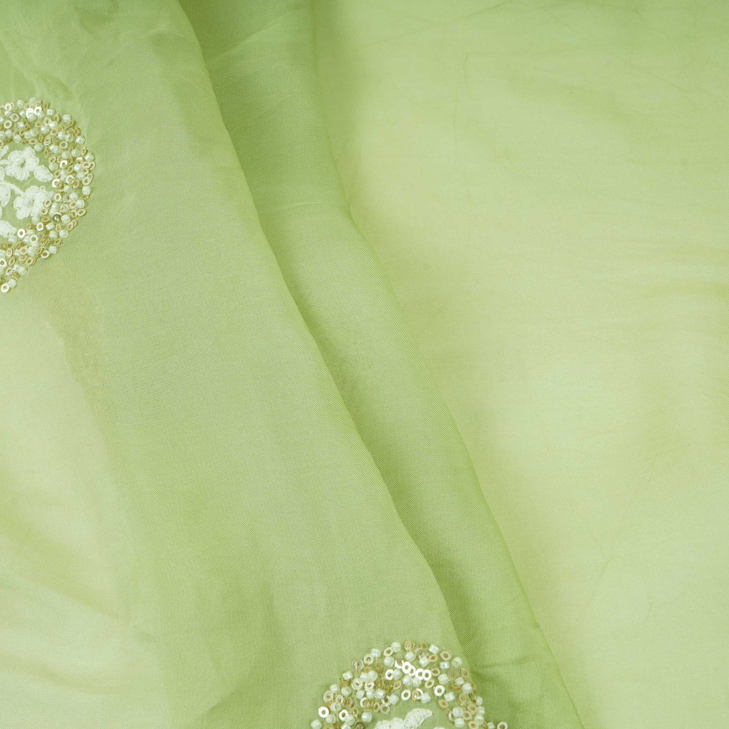 Mint Green floral cutdana embroidery Organza Fabric VFS-31534
