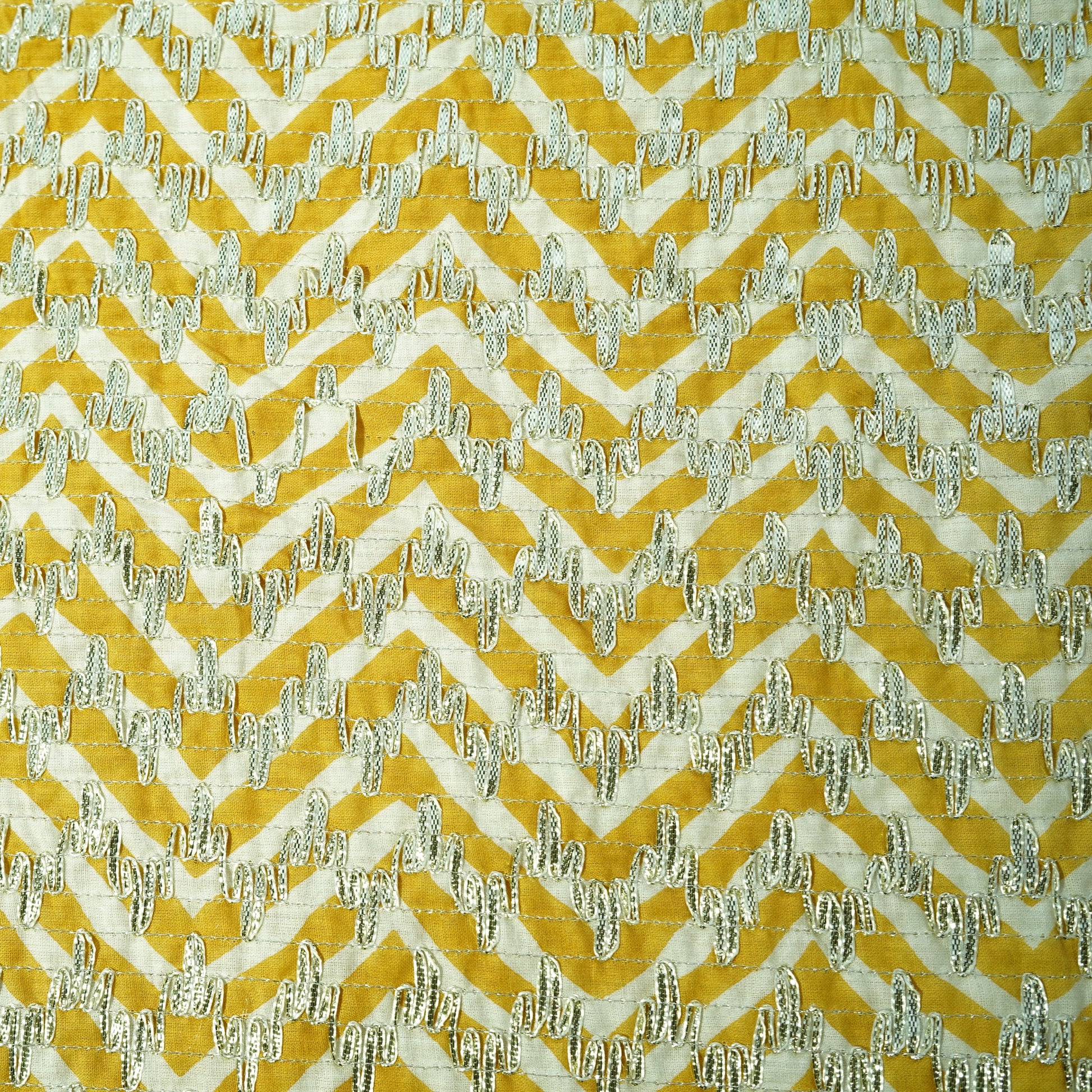 White Mustard Yellow Chevron Print Gota Work Cambric Cotton