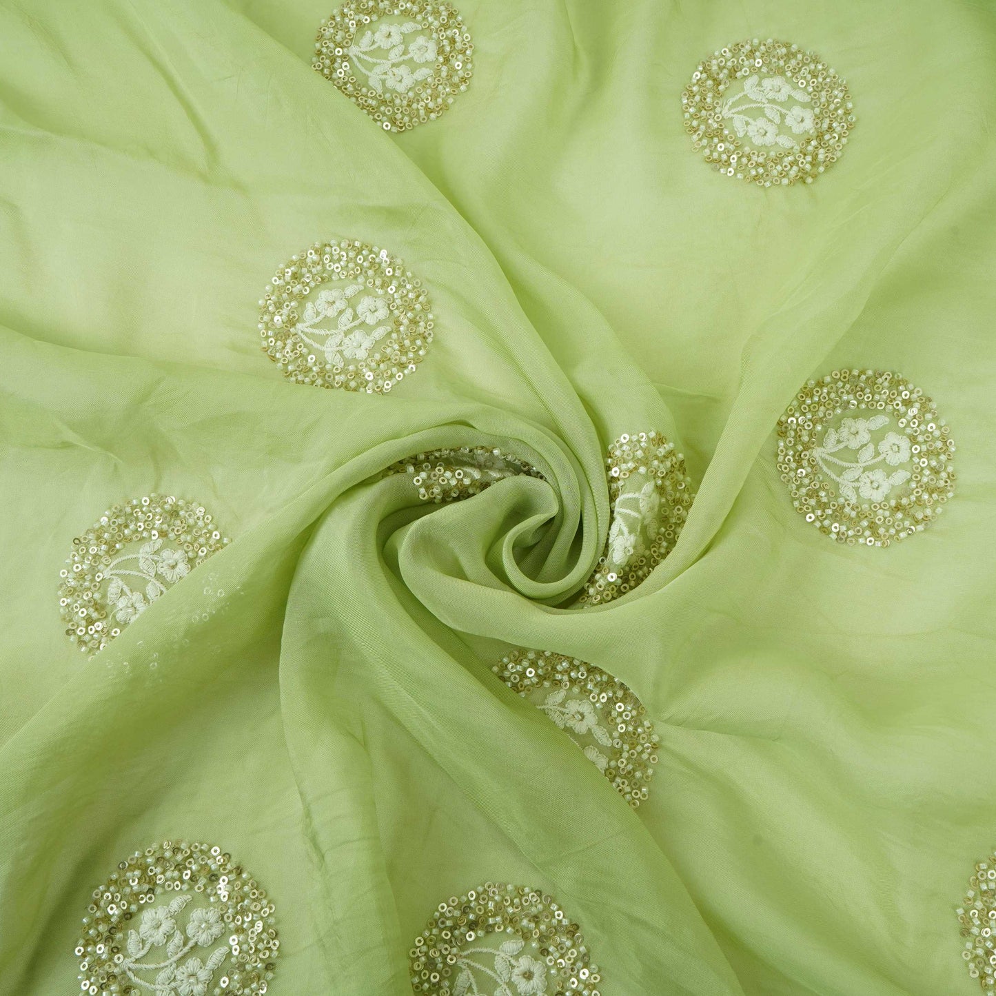 Mint Green floral cutdana embroidery Organza Fabric VFS-31534