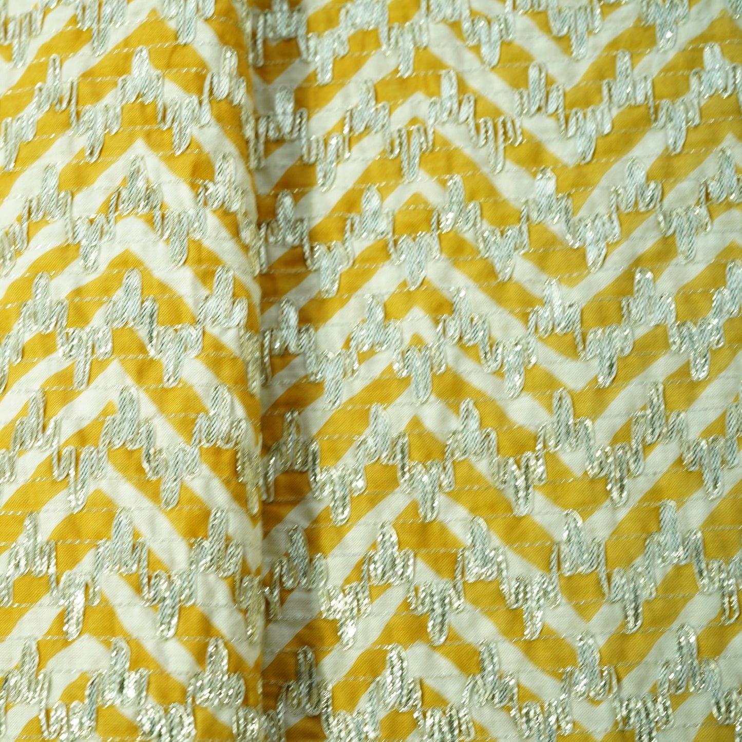 White Mustard Yellow Chevron Print Gota Work Cambric Cotton