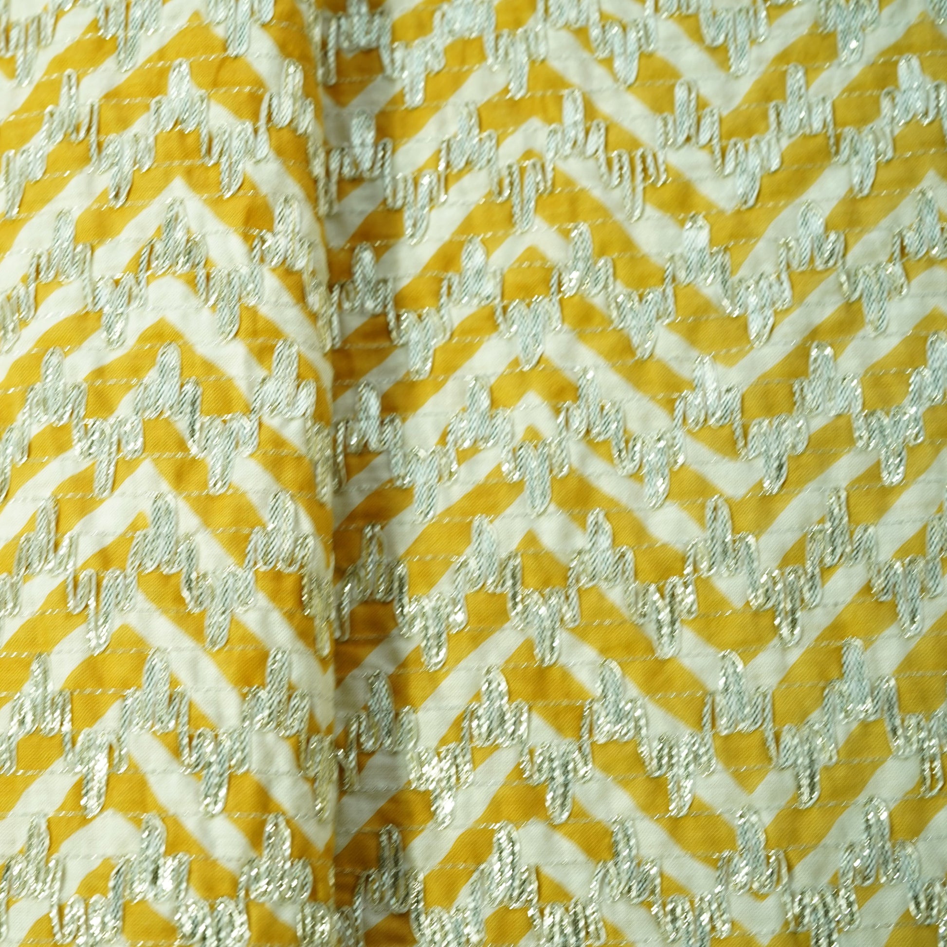 White Mustard Yellow Chevron Print Gota Work Cambric Cotton