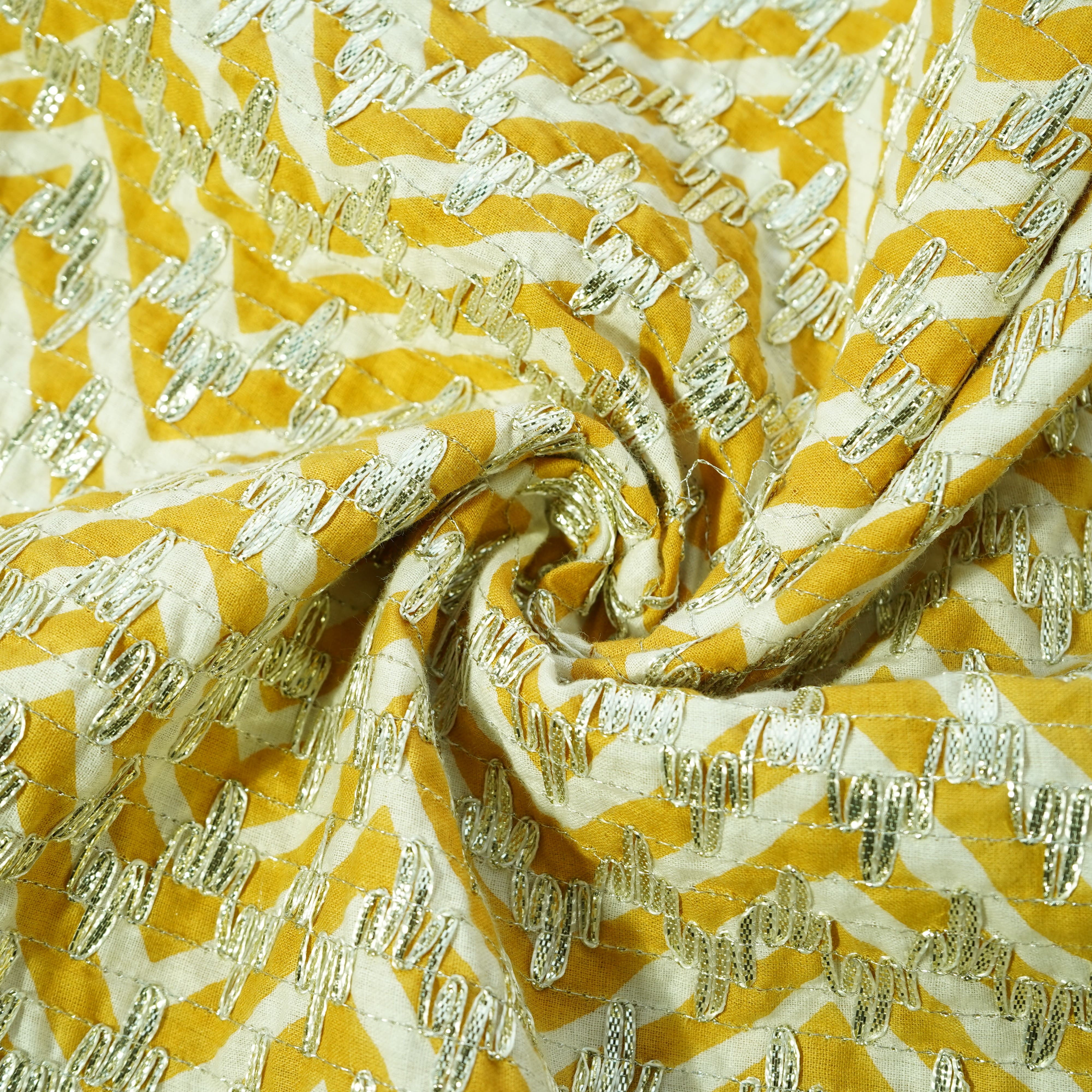 White Mustard Yellow Chevron Print Gota Work Cambric Cotton