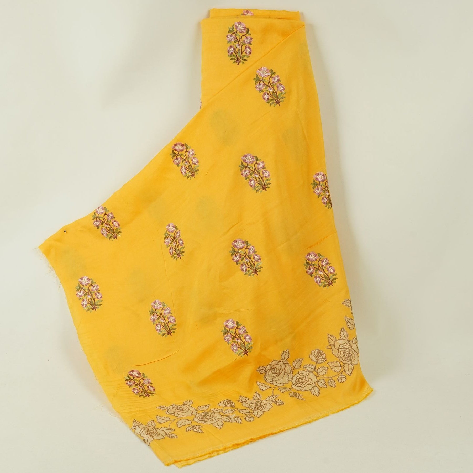 Mustard Yellow floral Border embroidery Raw Silk Fabric VFS-31857 - TradeUNO