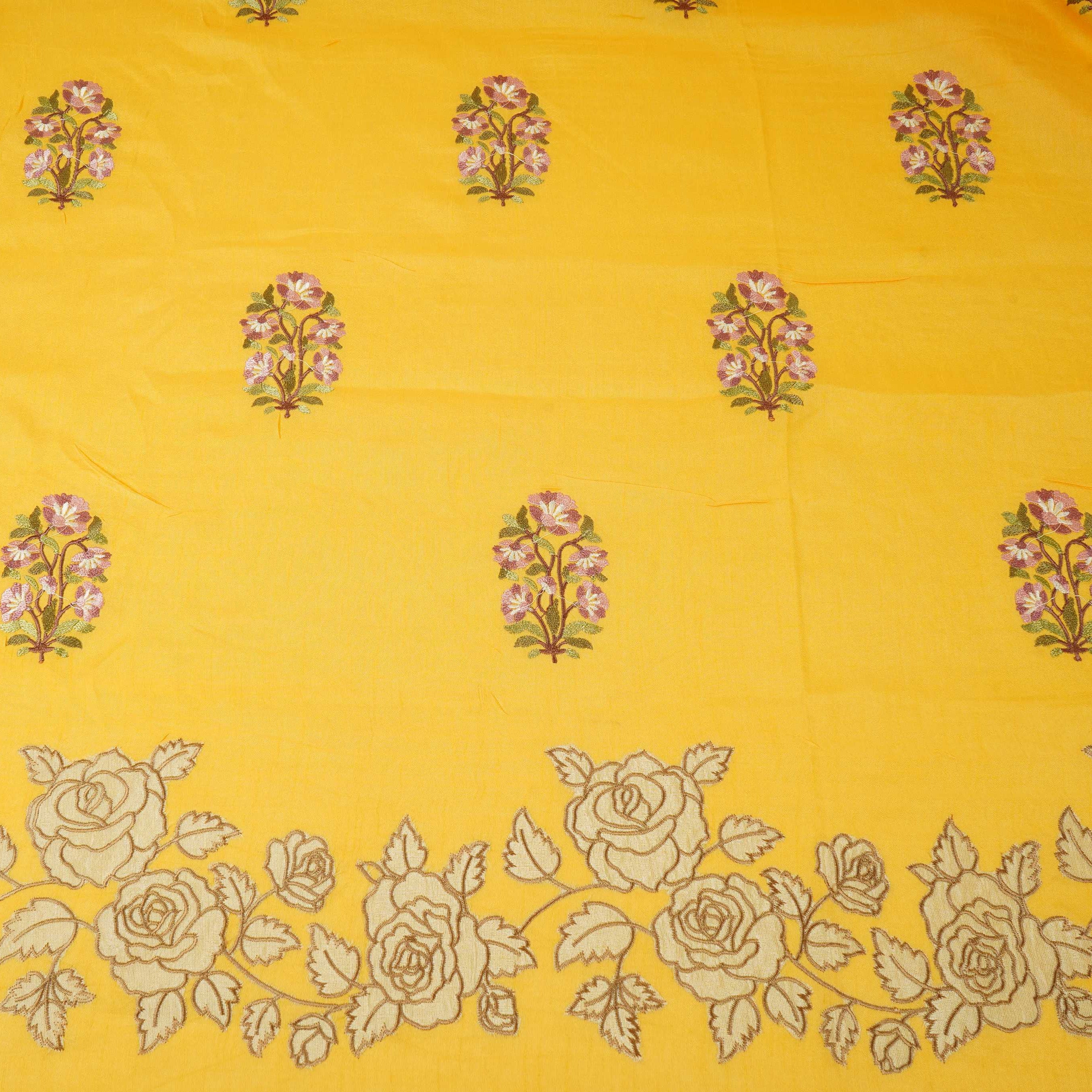 Mustard Yellow floral Border embroidery Raw Silk Fabric VFS-31857 - TradeUNO