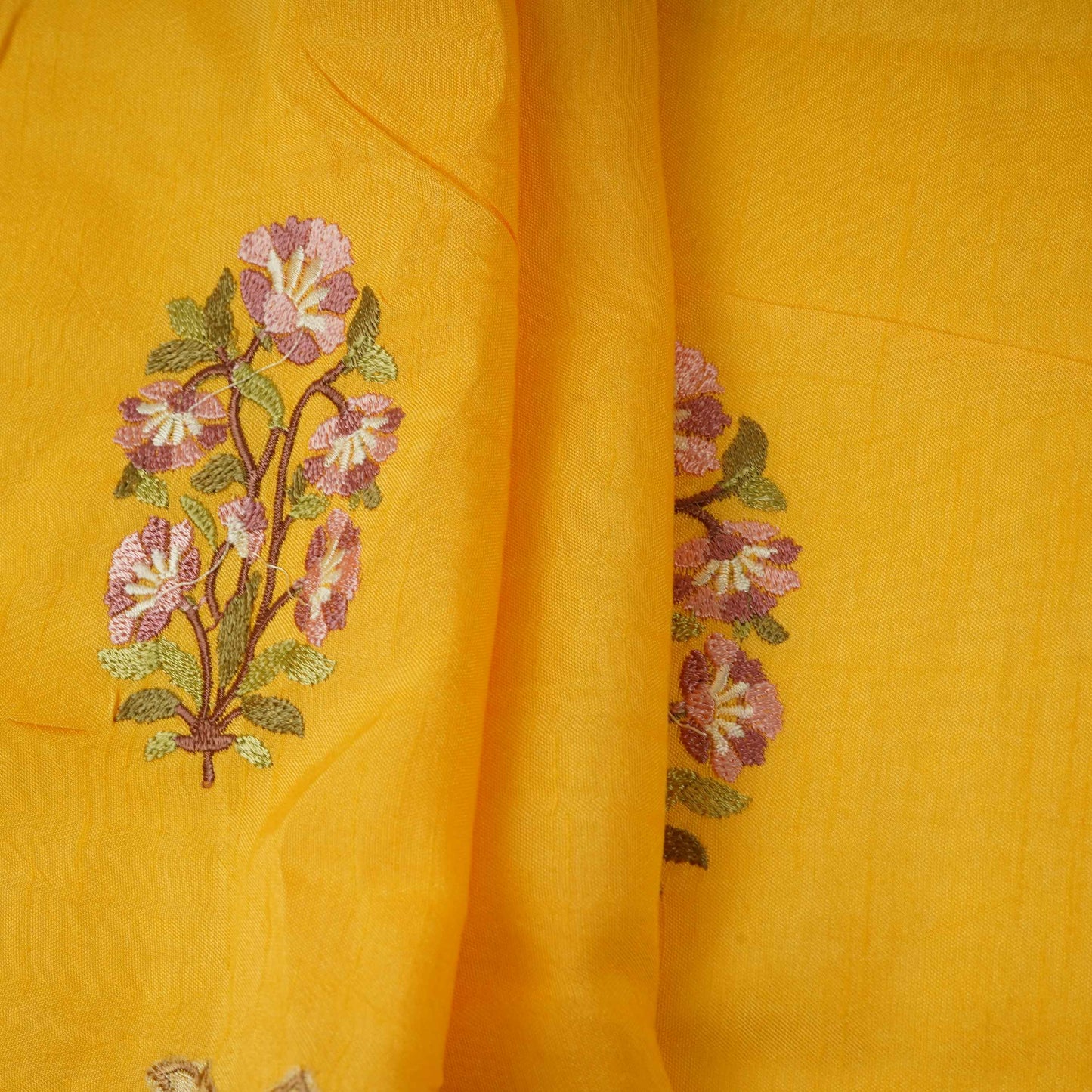Mustard Yellow floral Border embroidery Raw Silk Fabric VFS-31857