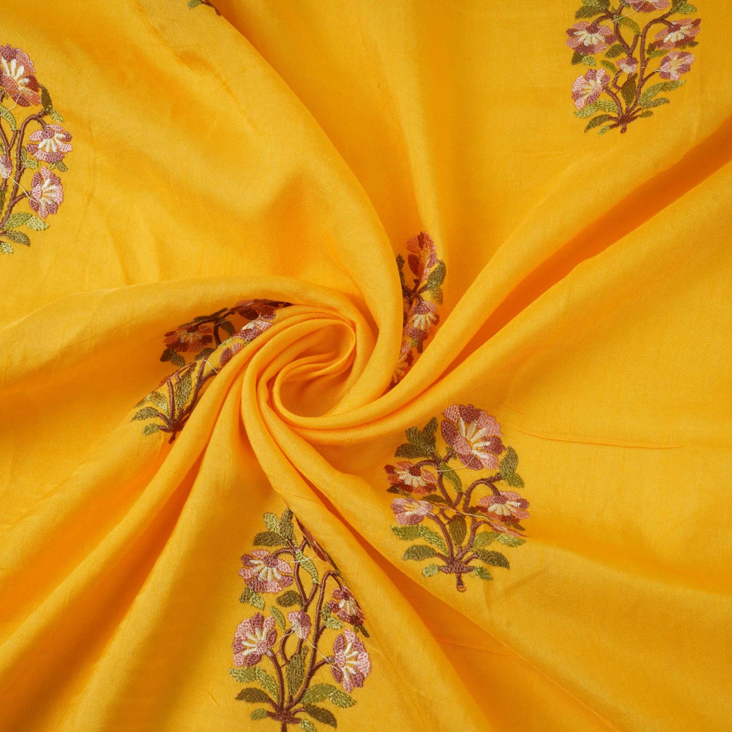 Mustard Yellow floral Border embroidery Raw Silk Fabric VFS-31857