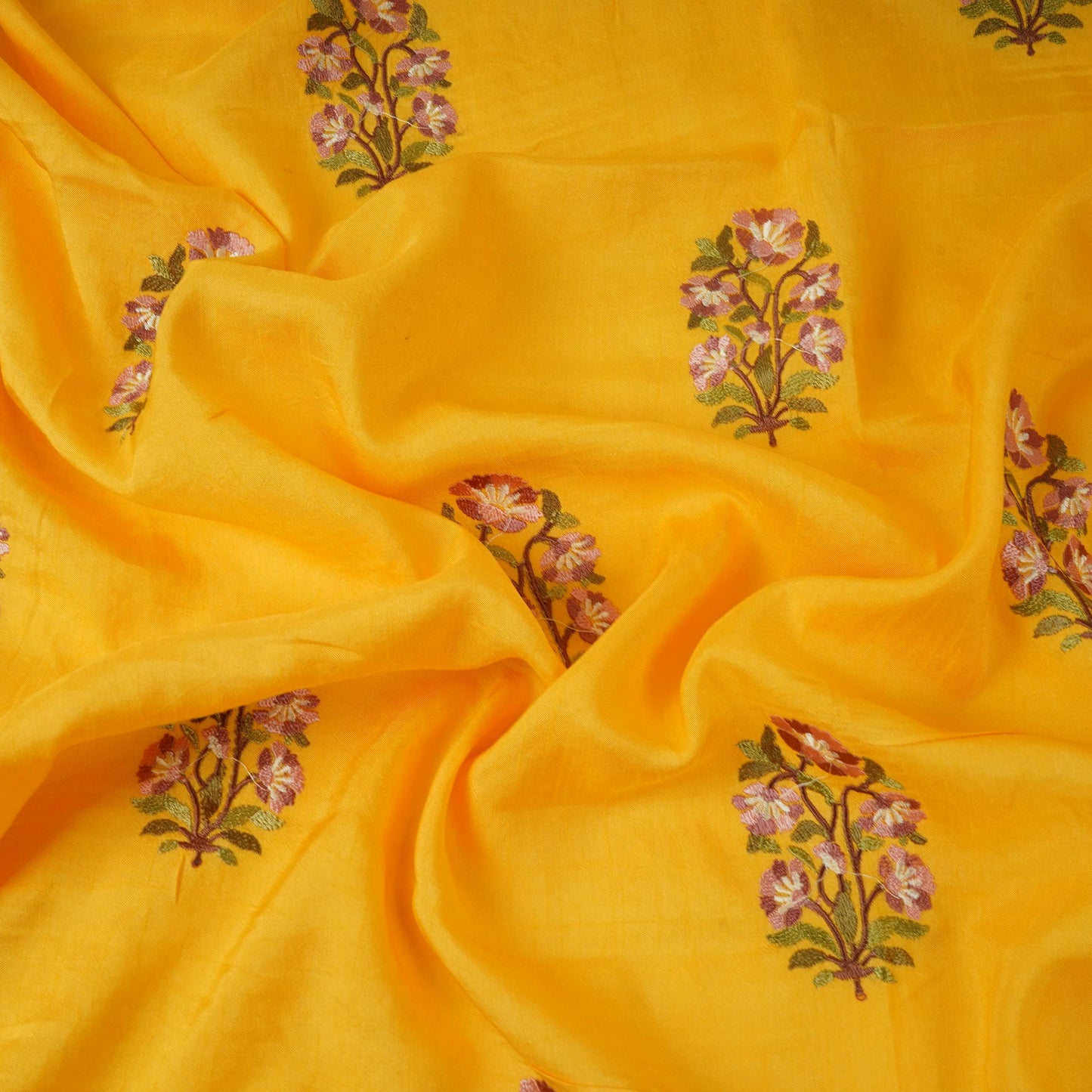 Mustard Yellow floral Border embroidery Raw Silk Fabric VFS-31857
