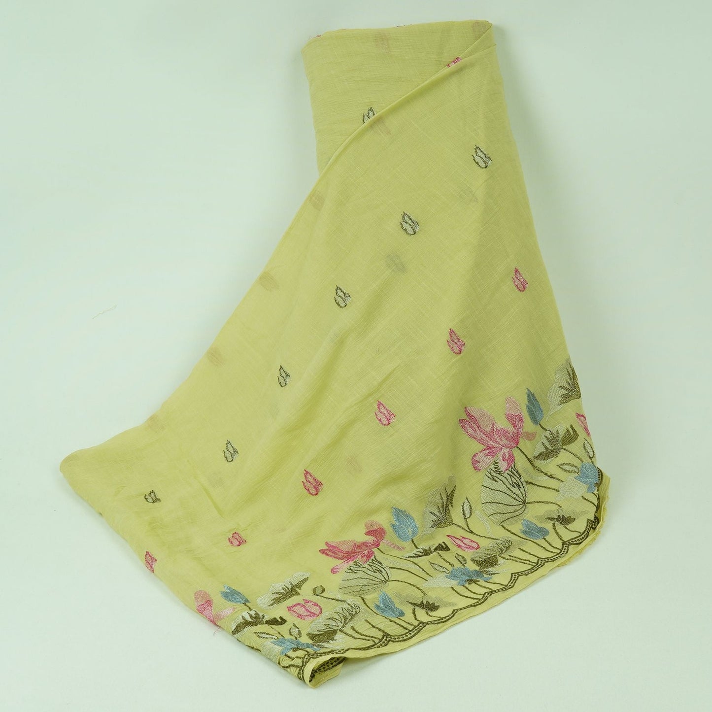 Pista Green thread Border embroidery Chinon Cotton Slub Fabric VFS-31528