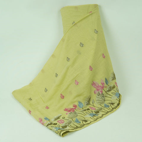 Pista Green thread Border embroidery Chinon Cotton Slub Fabric VFS-31528