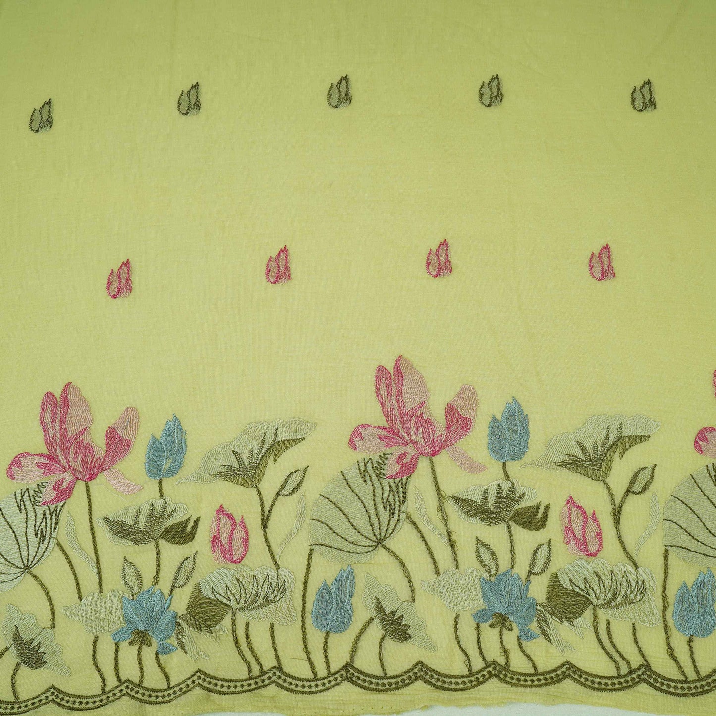 Pista Green thread Border embroidery Chinon Cotton Slub Fabric VFS-31528