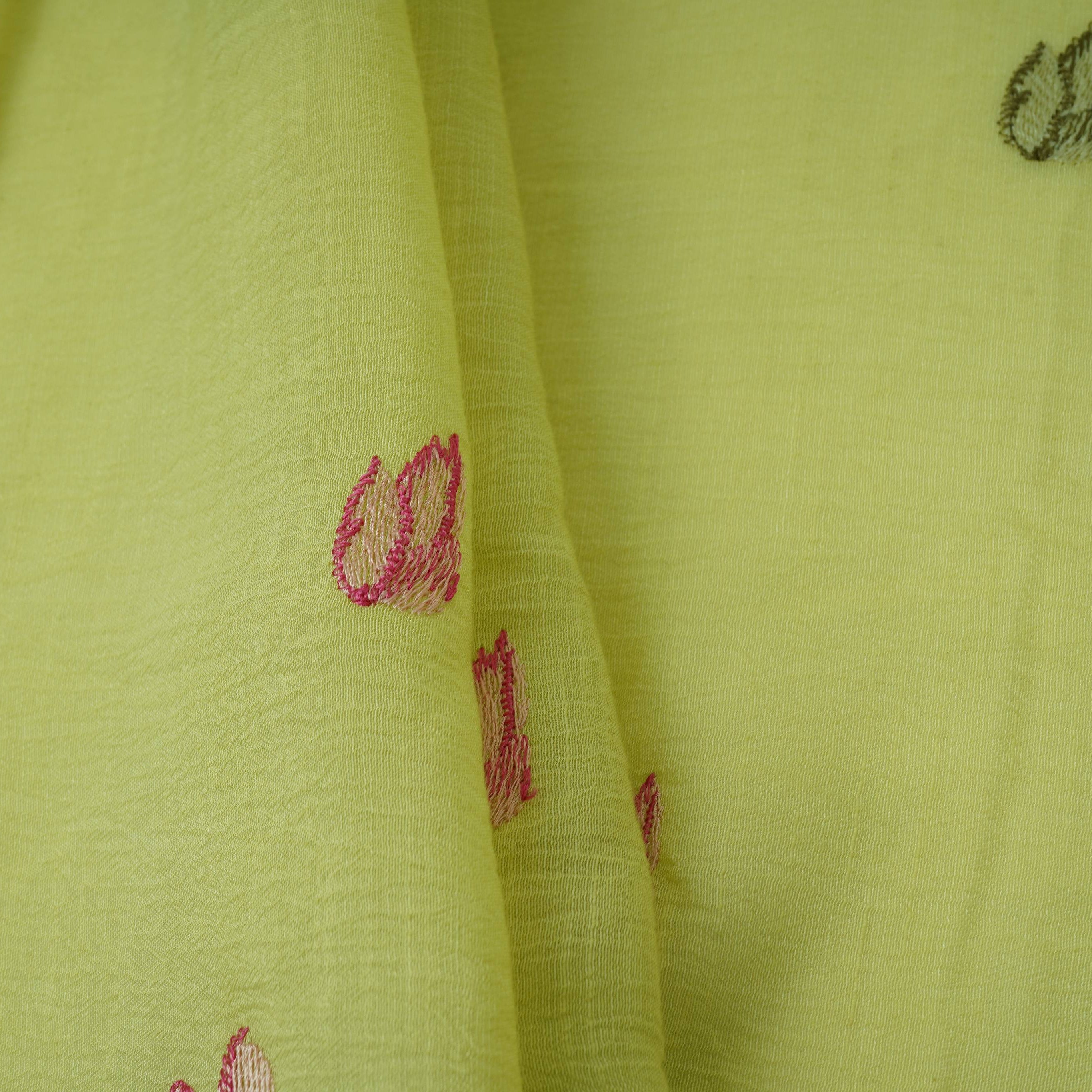 Pista Green thread Border embroidery Chinon Cotton Slub Fabric VFS-31528 - TradeUNO