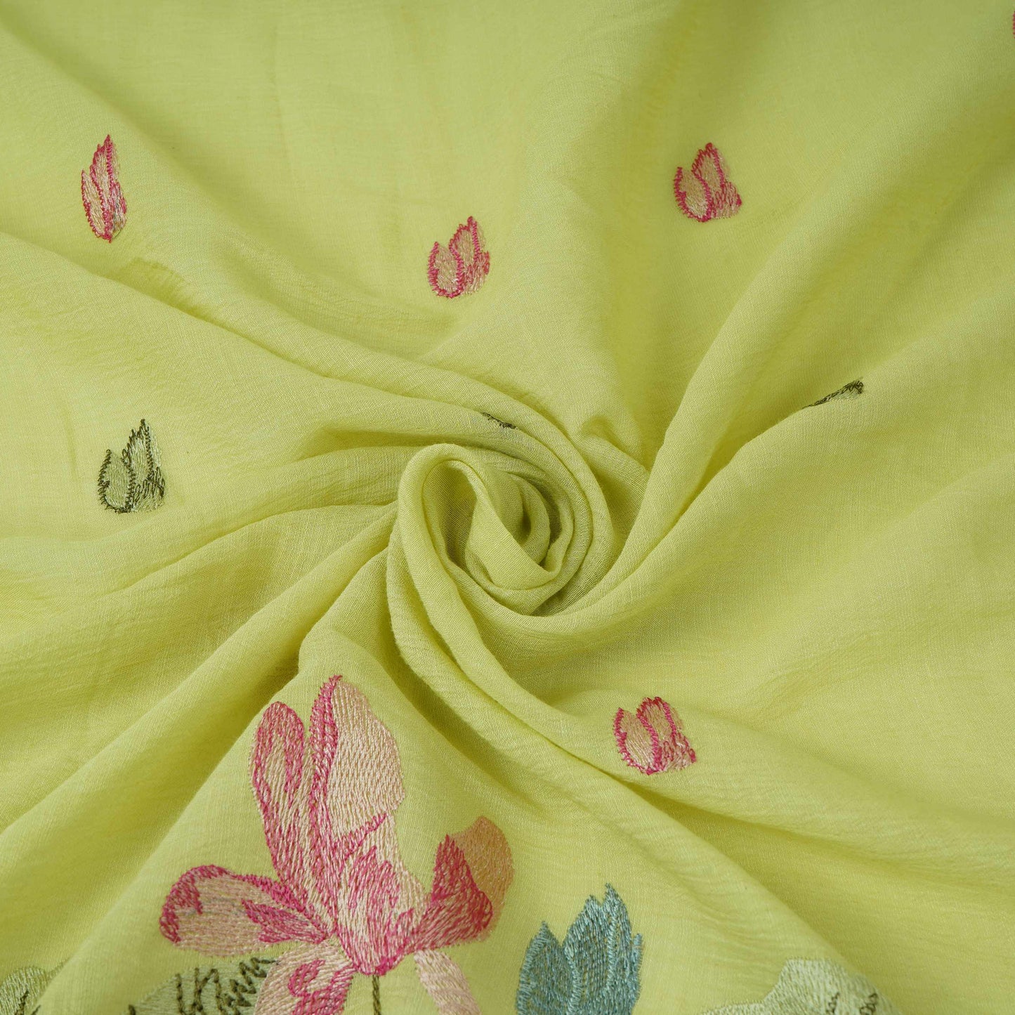 Pista Green thread Border embroidery Chinon Cotton Slub Fabric VFS-31528