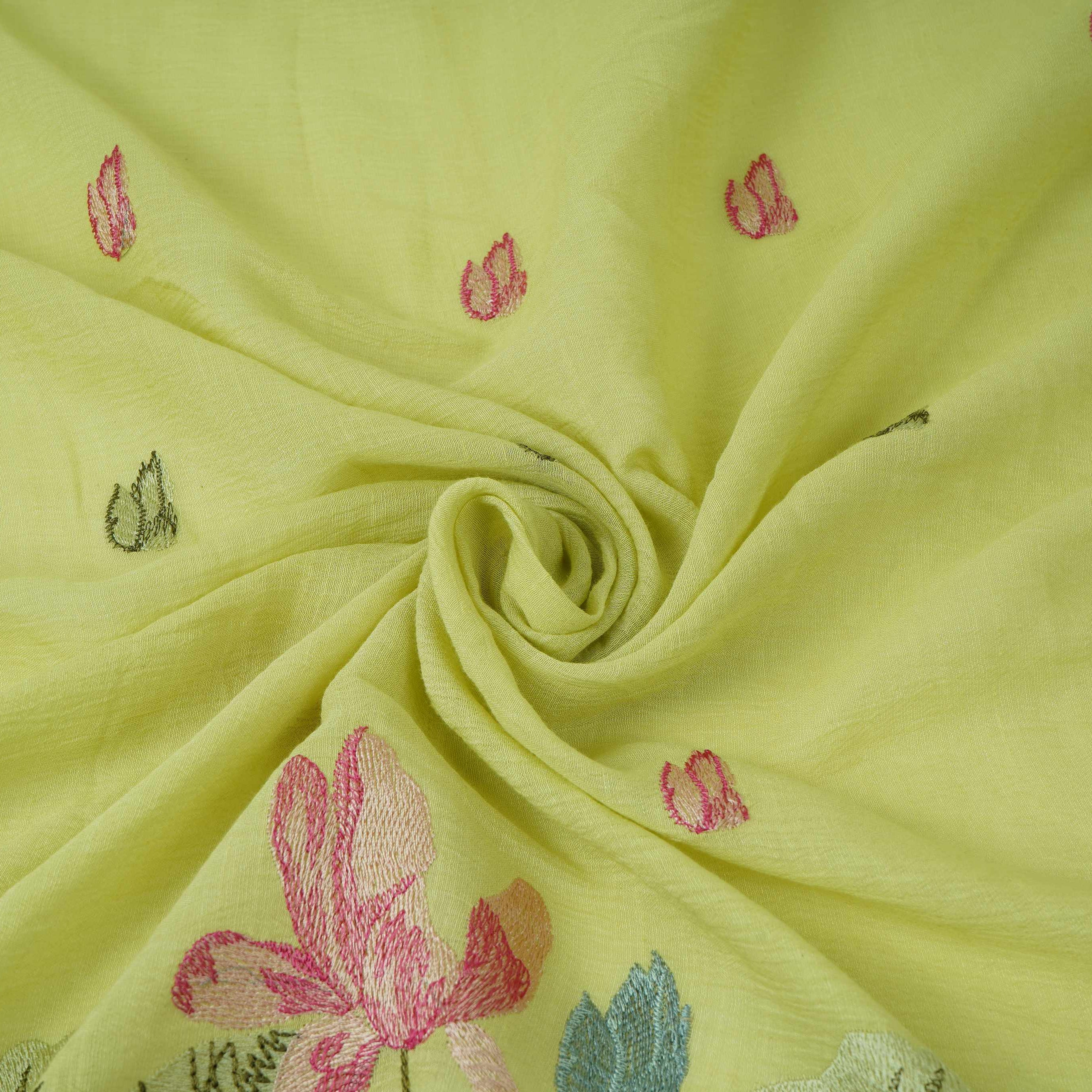 Pista Green thread Border embroidery Chinon Cotton Slub Fabric VFS-31528 - TradeUNO