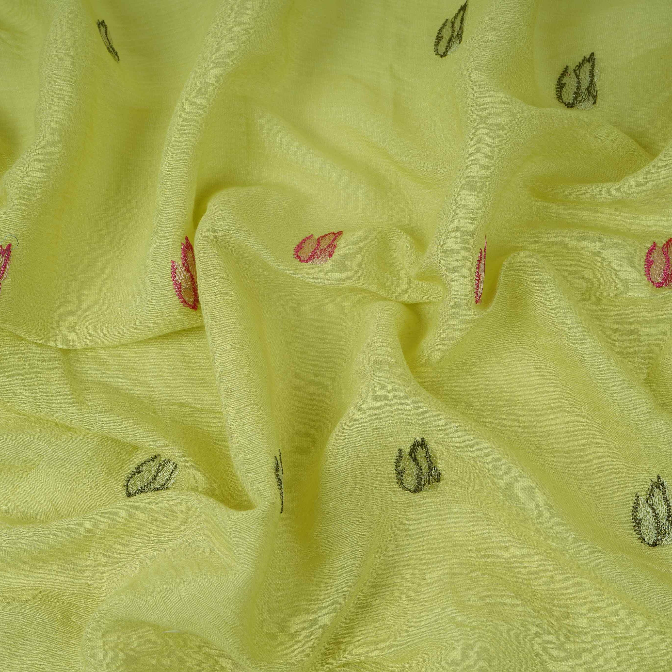 Pista Green thread Border embroidery Chinon Cotton Slub Fabric VFS-31528 - TradeUNO