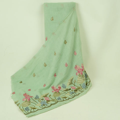 Mint Blue thread Border embroidery Chinon Cotton Slub Fabric VFS-31529