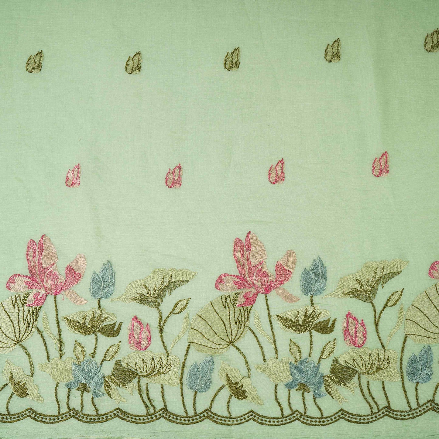 Mint Blue thread Border embroidery Chinon Cotton Slub Fabric VFS-31529