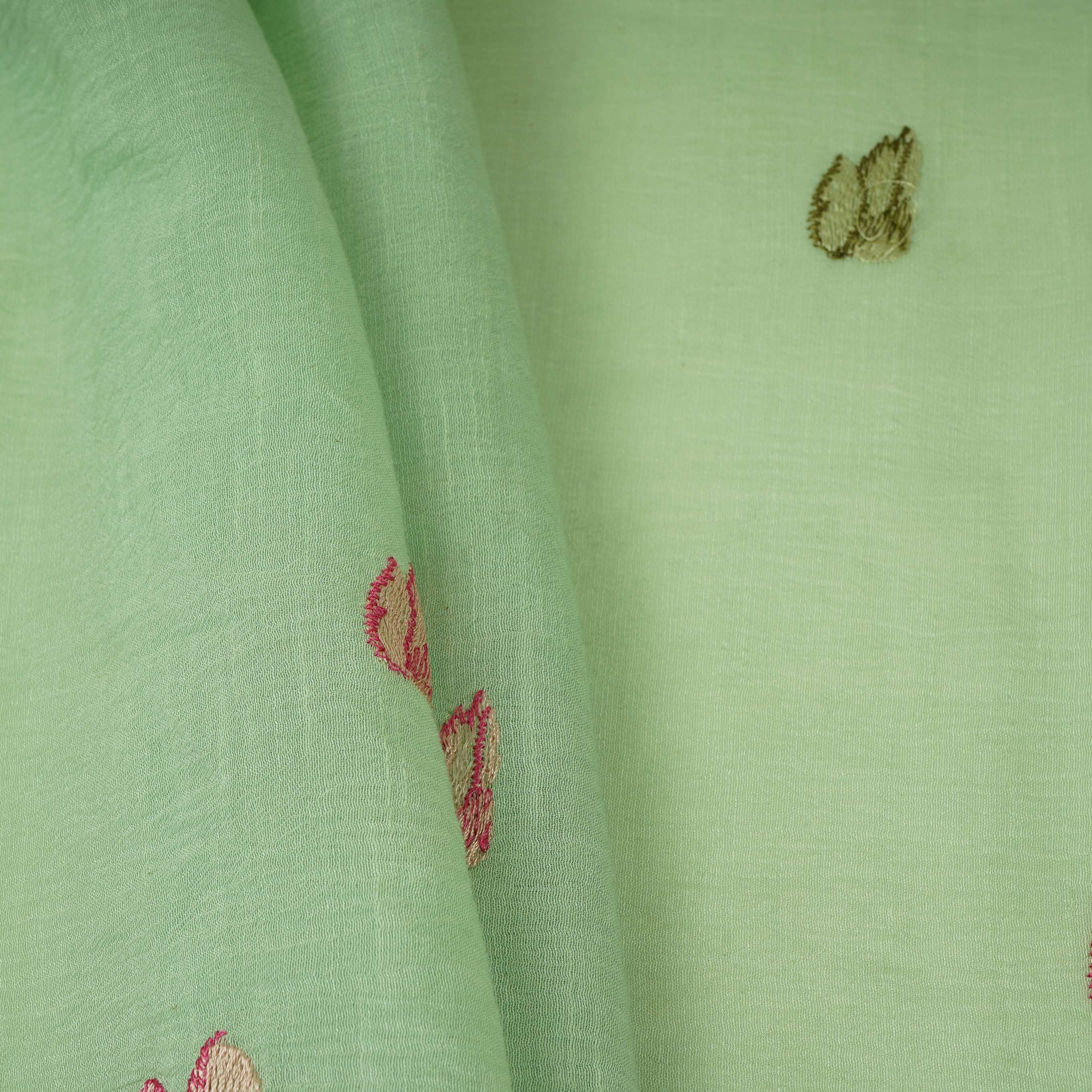 Mint Blue thread Border embroidery Chinon Cotton Slub Fabric VFS-31529 - TradeUNO