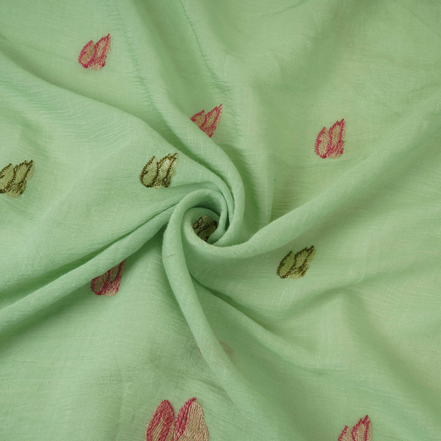 Mint Blue thread Border embroidery Chinon Cotton Slub Fabric VFS-31529