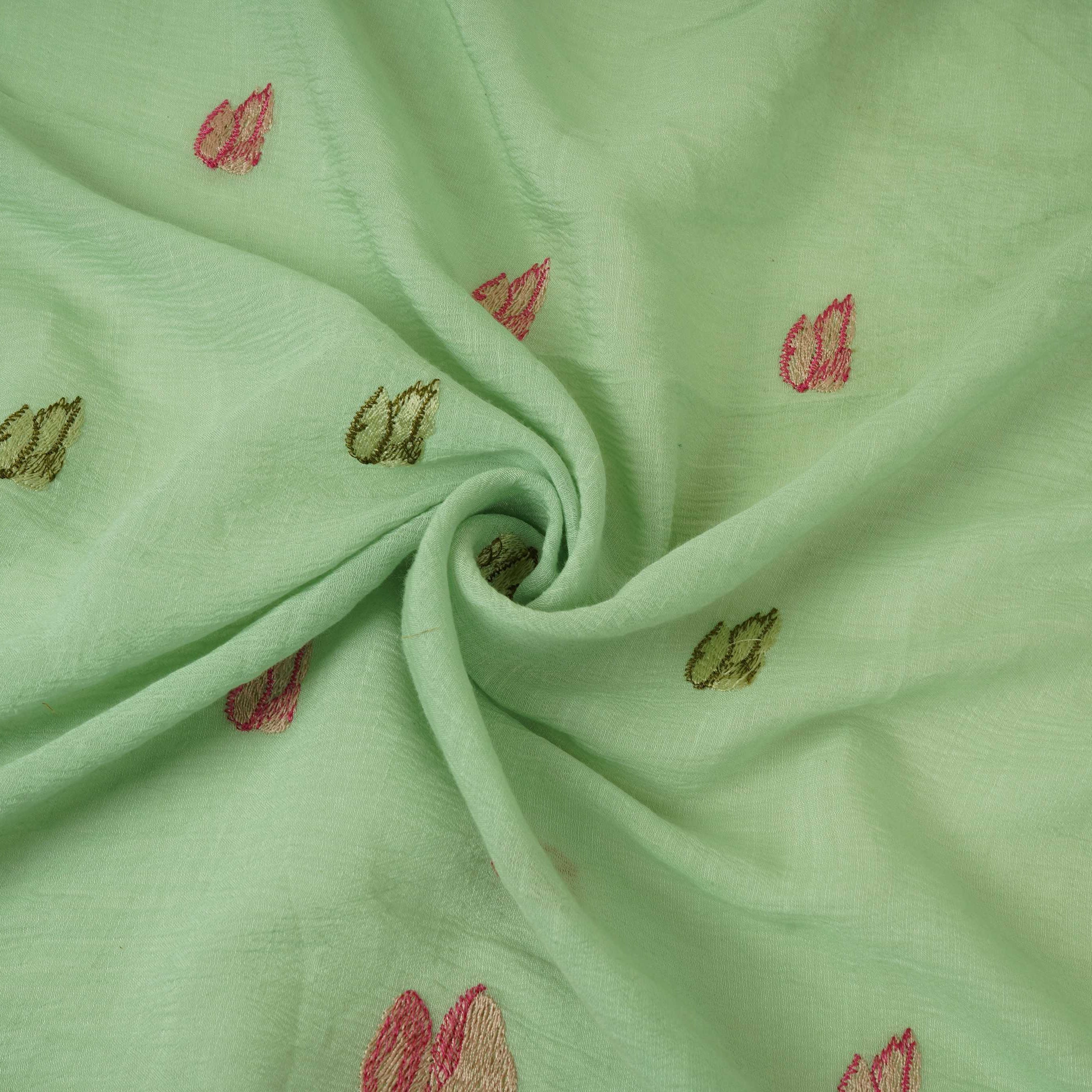 Mint Blue thread Border embroidery Chinon Cotton Slub Fabric VFS-31529 - TradeUNO