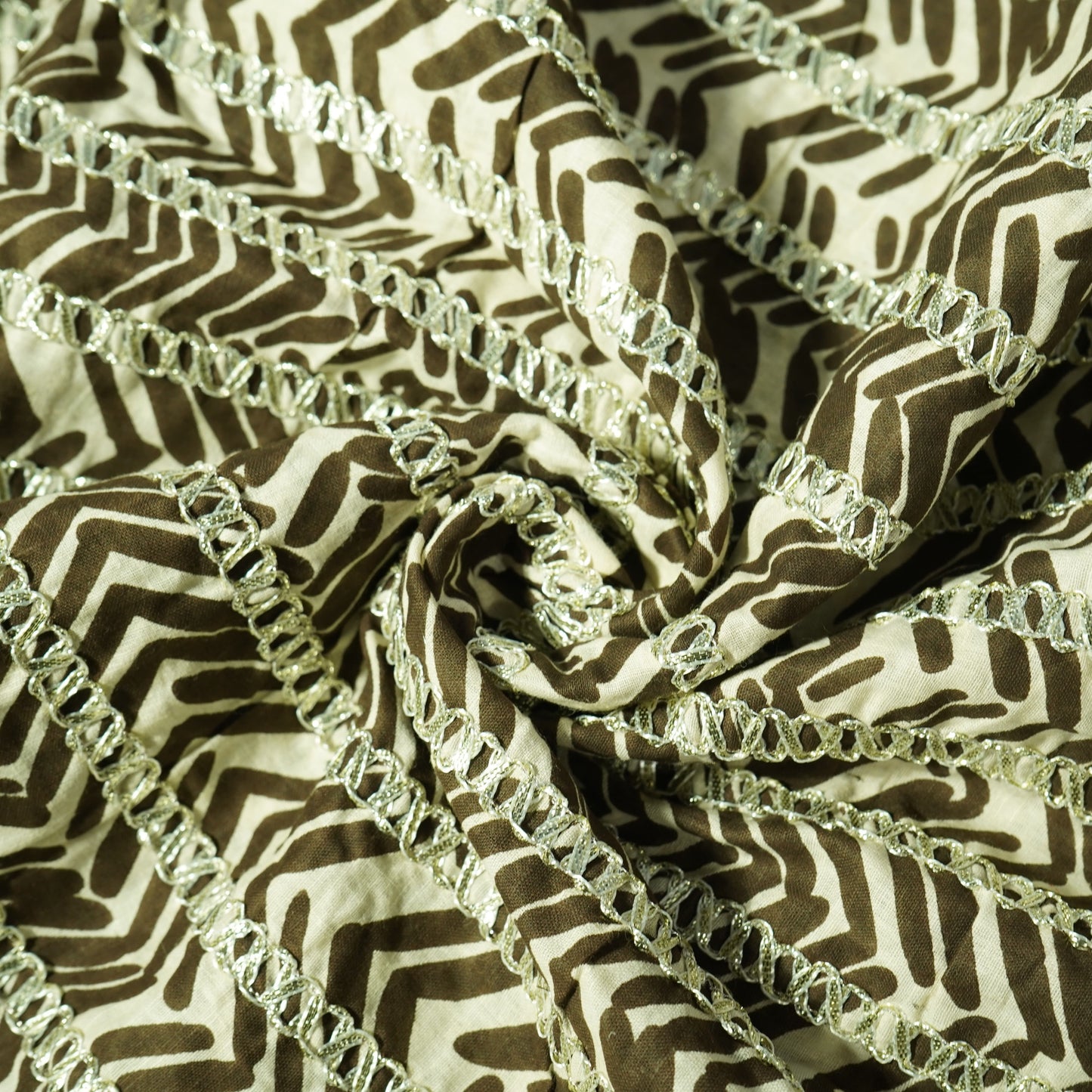 Cream Brown Chevron Print Gota Work Cambric Cotton
