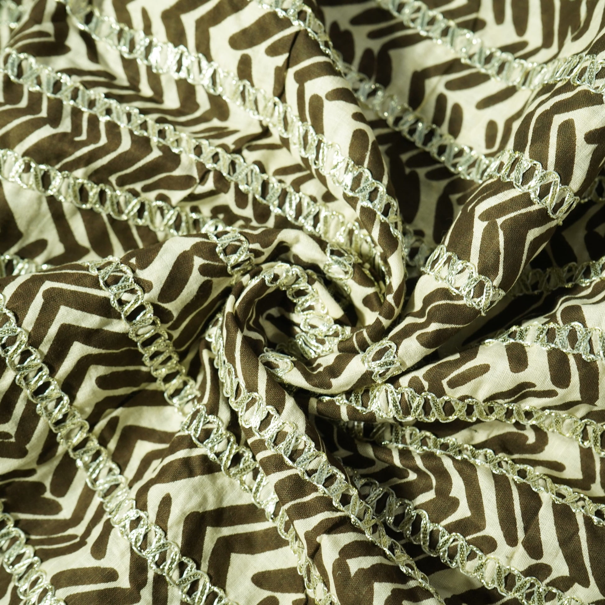 Cream Brown Chevron Print Gota Work Cambric Cotton