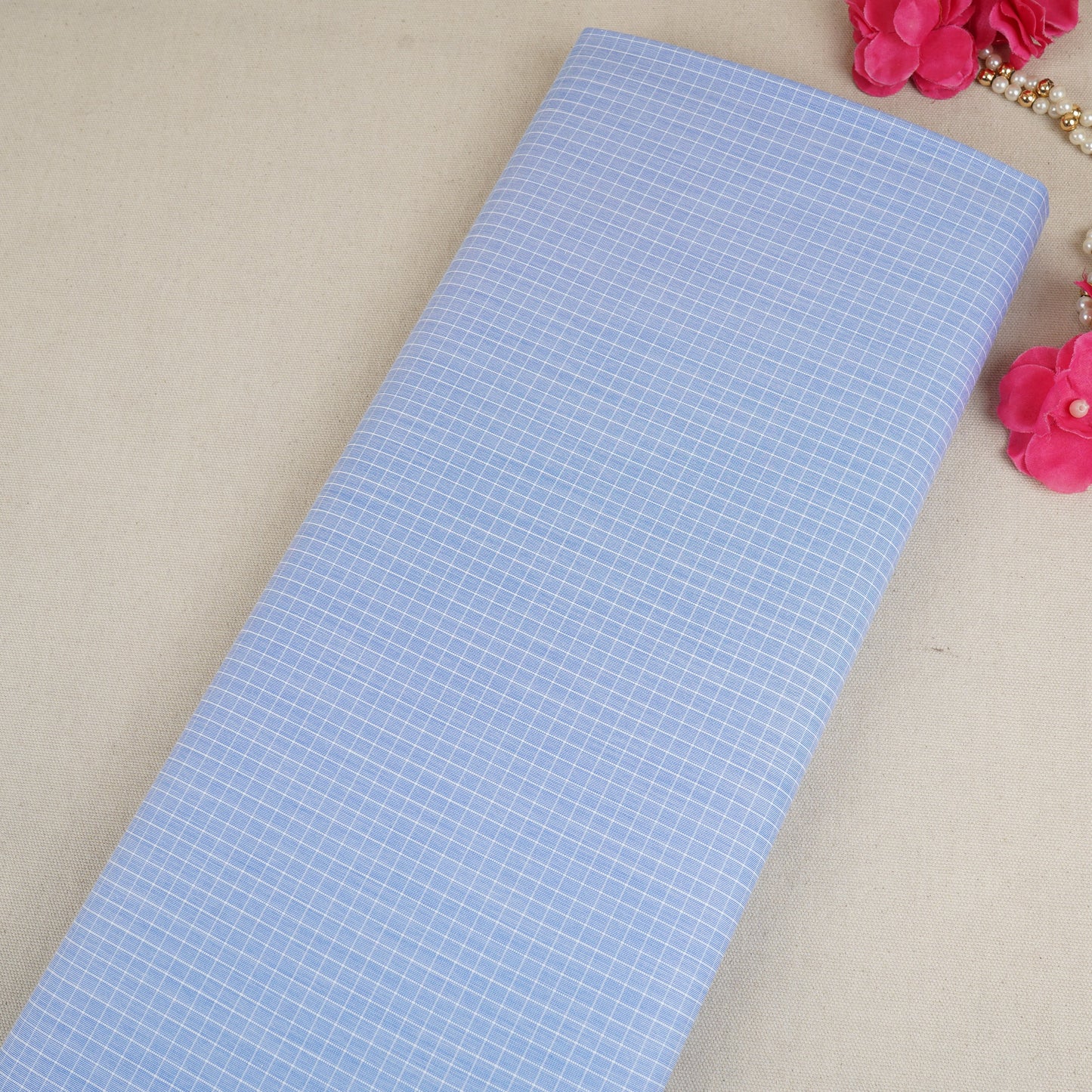 Blue & White Check Print Poplin Fabric MFM-30120
