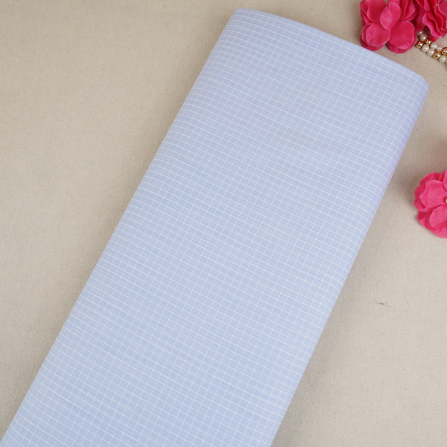 Sky Blue & White Check Print Poplin Fabric MFM-30123