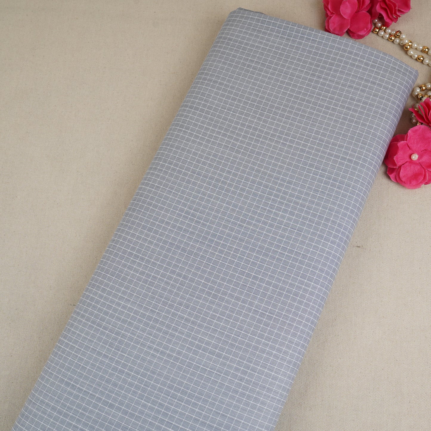 Light Grey & White Check Print Poplin Fabric MFM-30121
