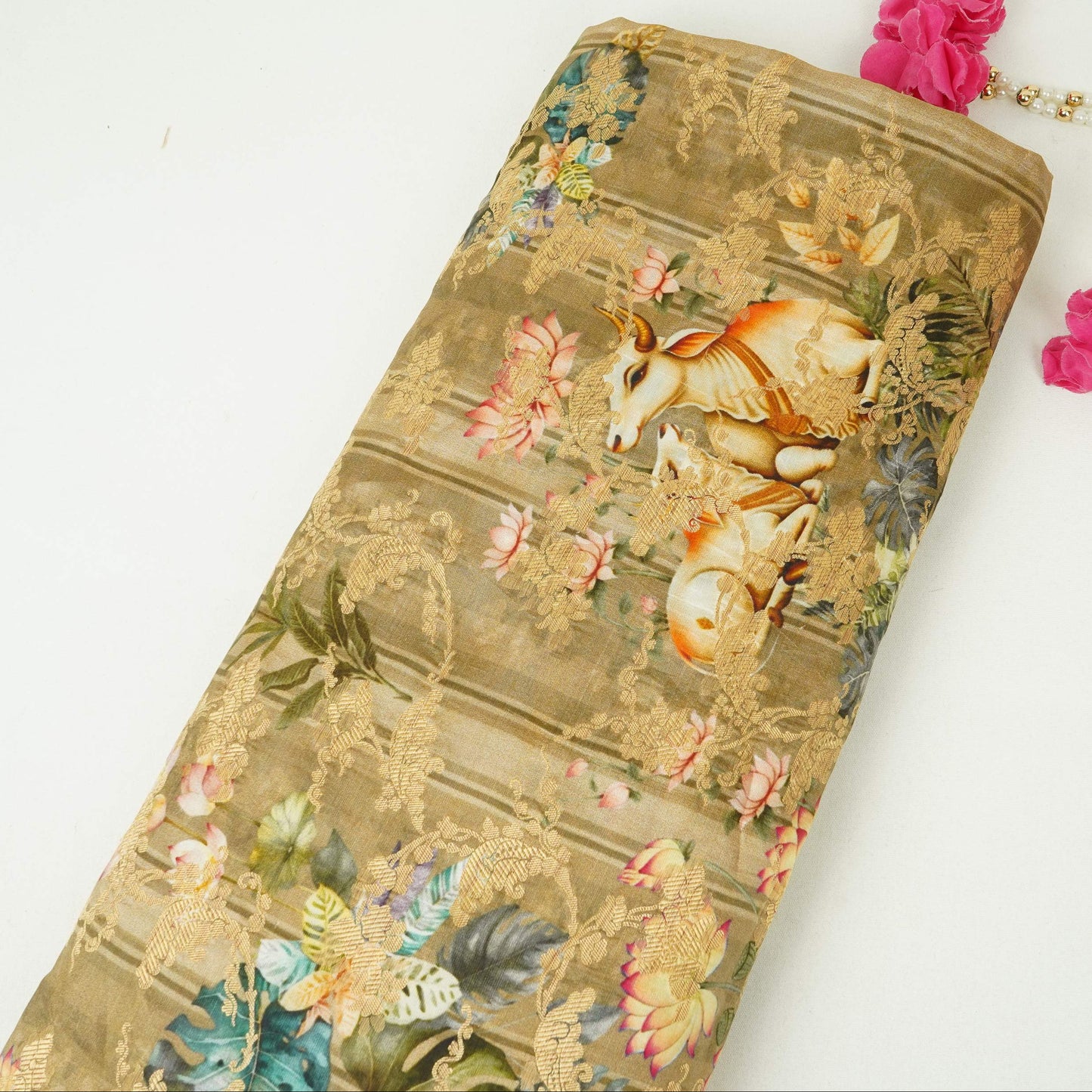Olive Green Pichwai Jacquard stripes Raw Mango Silk Fabric CW-31582