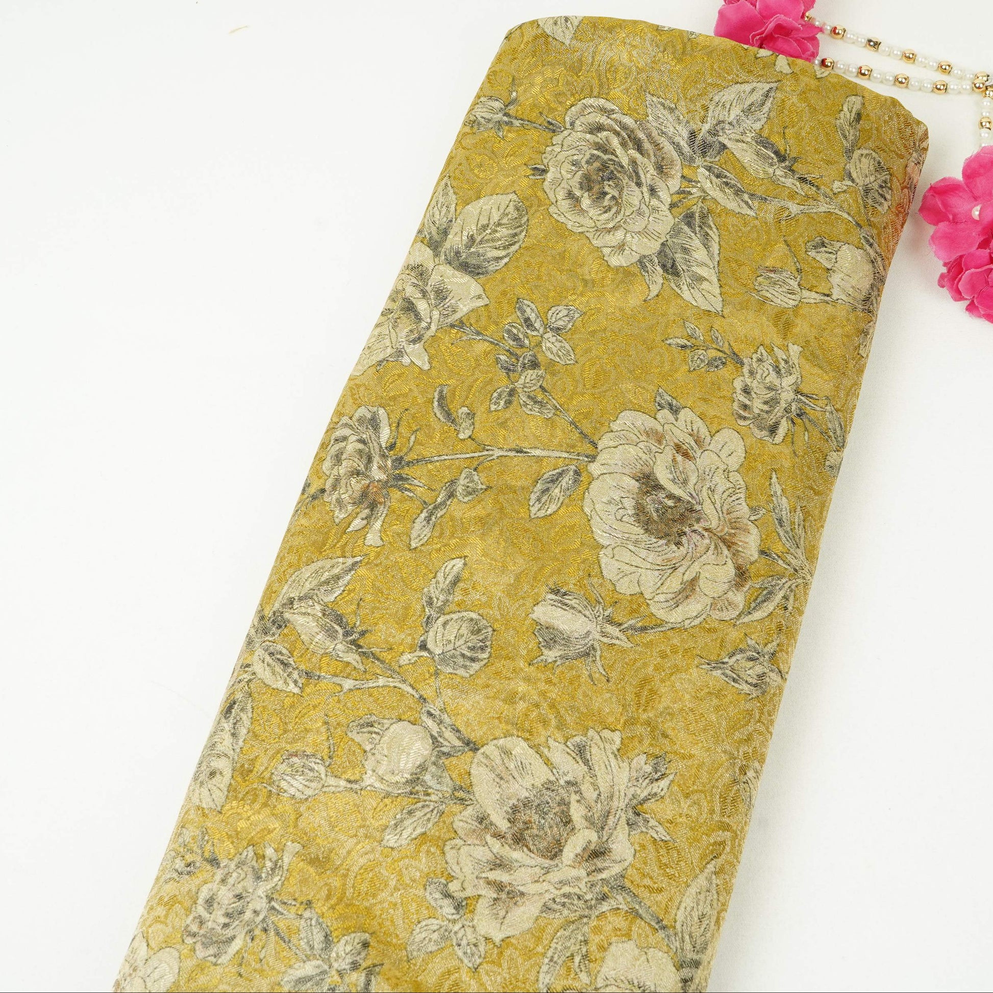 Mustard Yellow floral Jacquard Tissue Fabric MTF-31794 - TradeUNO
