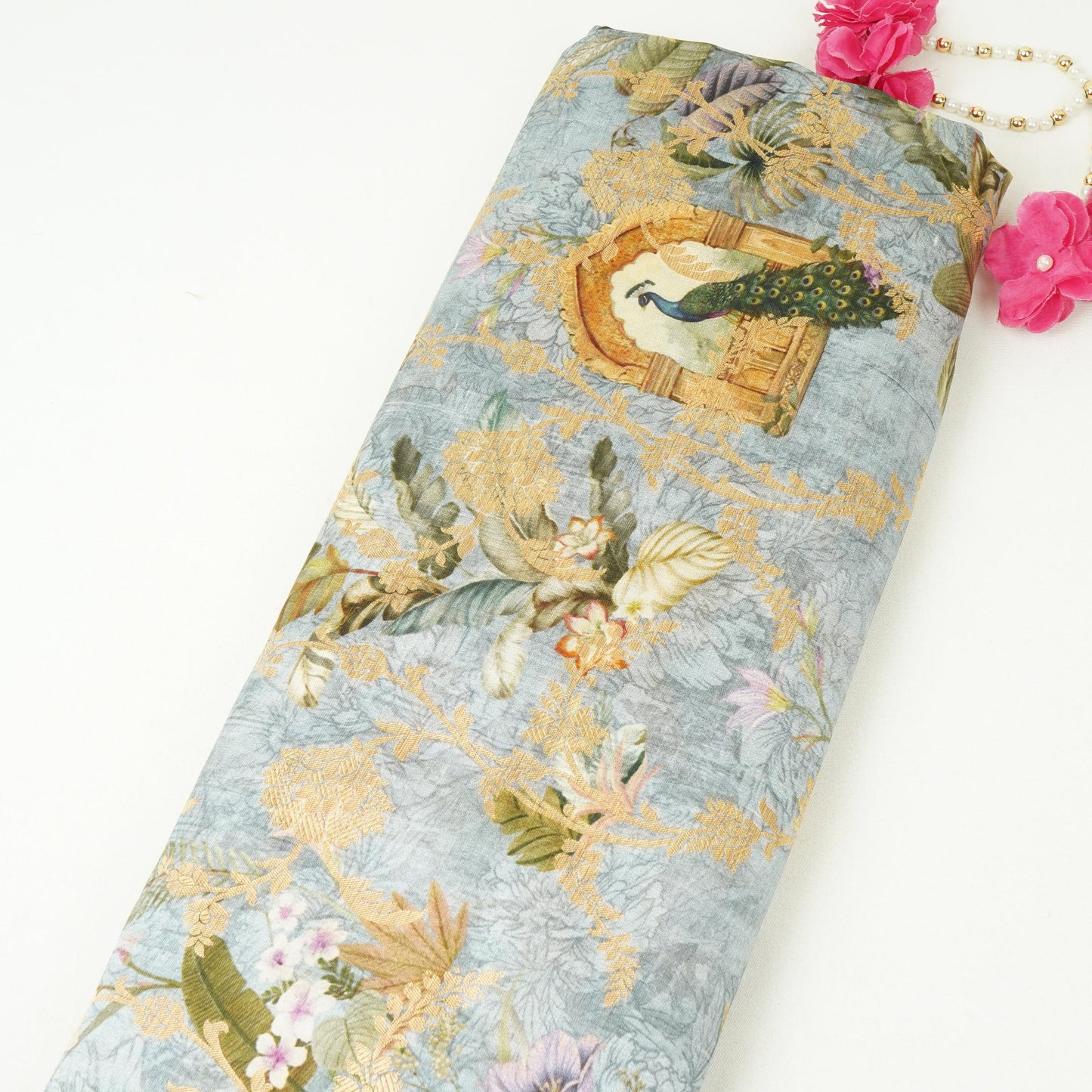 Sage Green Pichwai Jacquard print Raw Mango Silk Fabric CW-31586