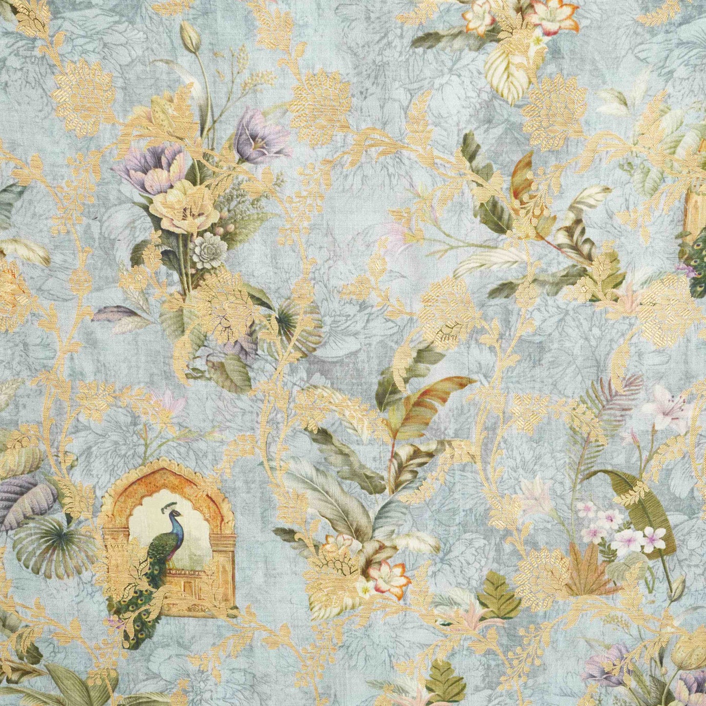 Sage Green Pichwai Jacquard print Raw Mango Silk Fabric CW-31586