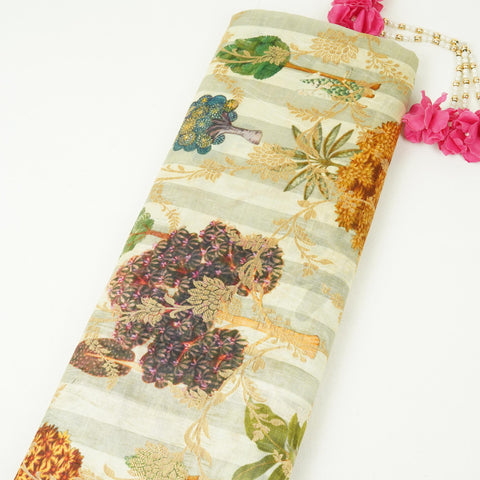 Grey floral Jacquard print Raw Mango Silk Fabric CW-31594