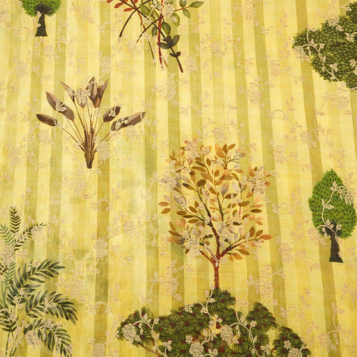 Lime Green floral Jacquard stripes Raw Mango Silk Fabric CW-31592