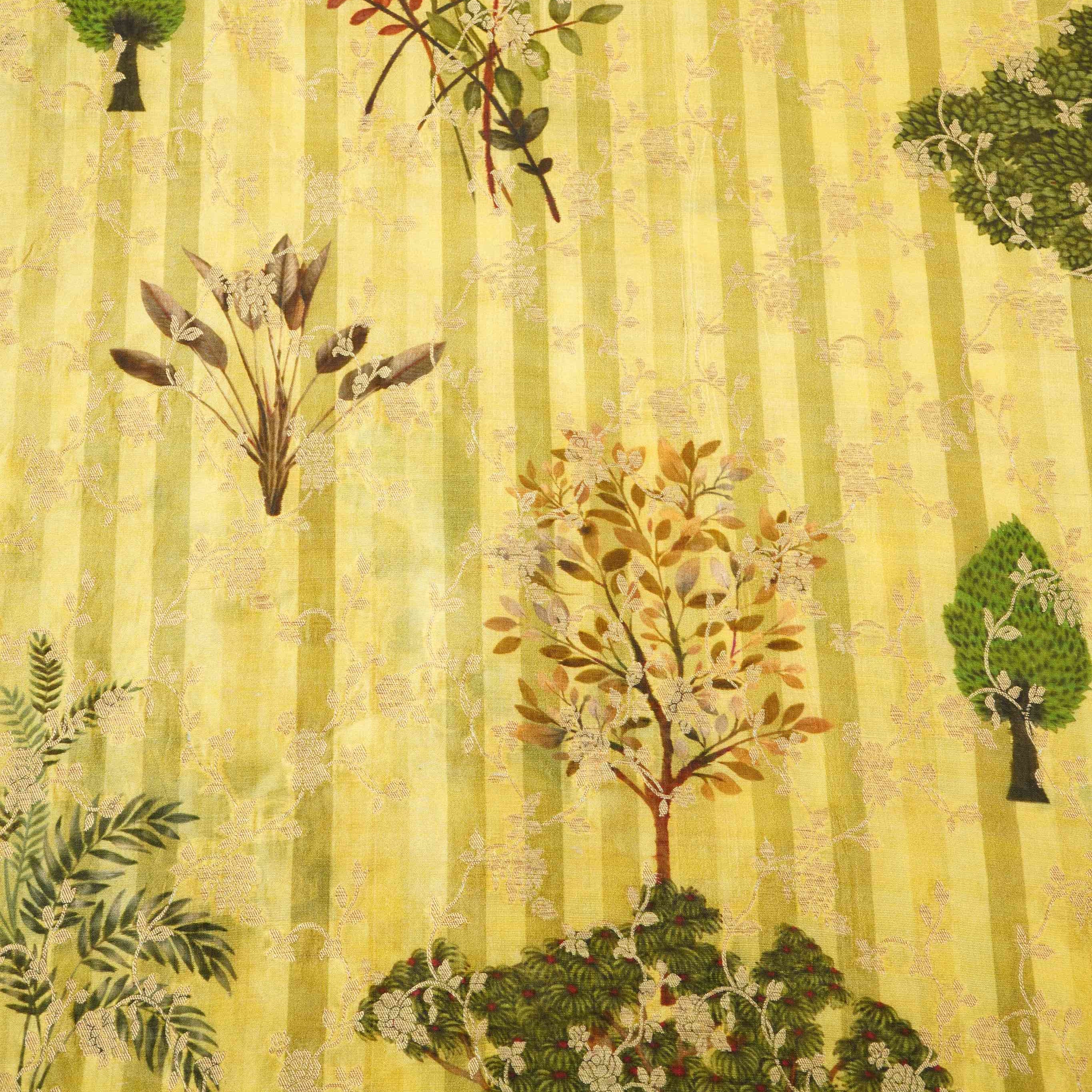 Lime Green floral Jacquard stripes Raw Mango Silk Fabric CW-31592 - TradeUNO
