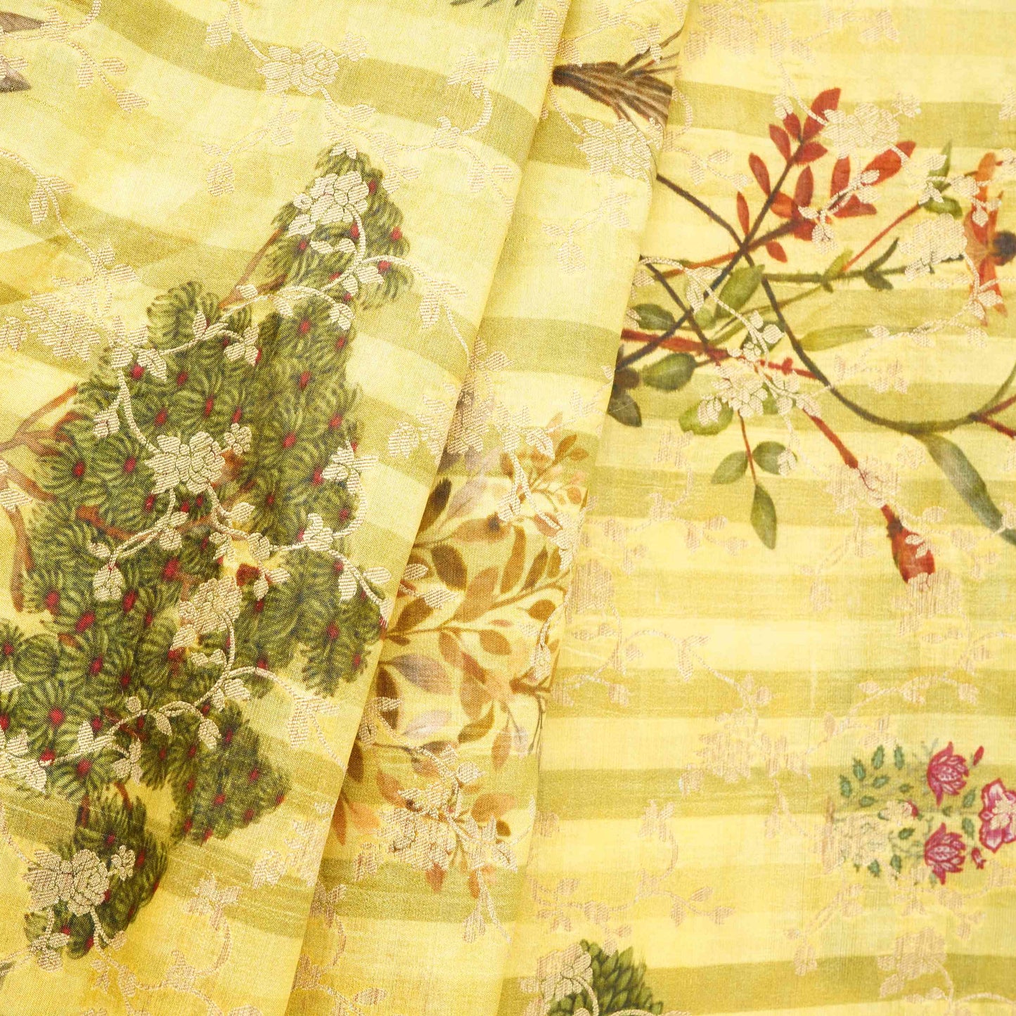 Lime Green floral Jacquard stripes Raw Mango Silk Fabric CW-31592