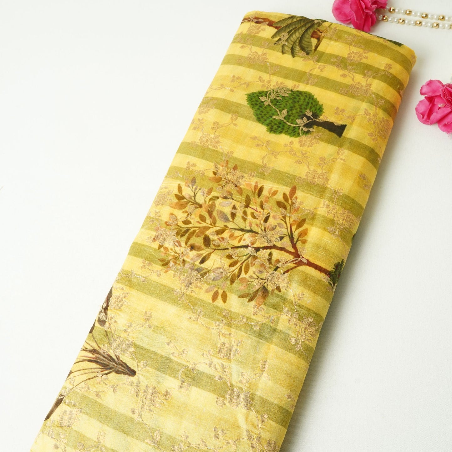 Lime Green floral Jacquard stripes Raw Mango Silk Fabric CW-31592