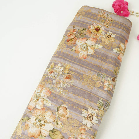 Ice Blue floral Jacquard print Raw Mango Silk Fabric CW-31593