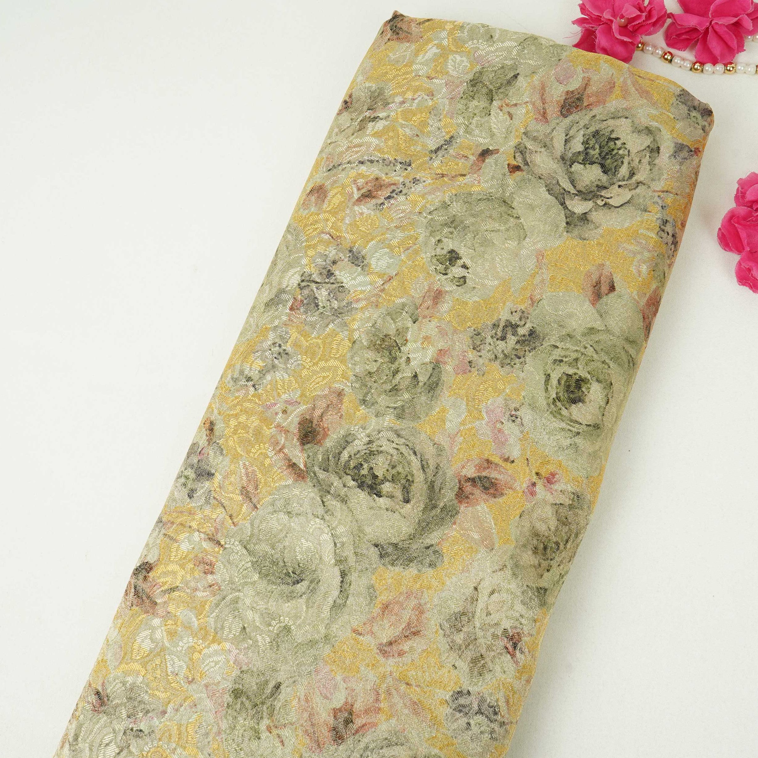Mustard Gold floral Jacquard Tissue Fabric MTF-31797 - TradeUNO