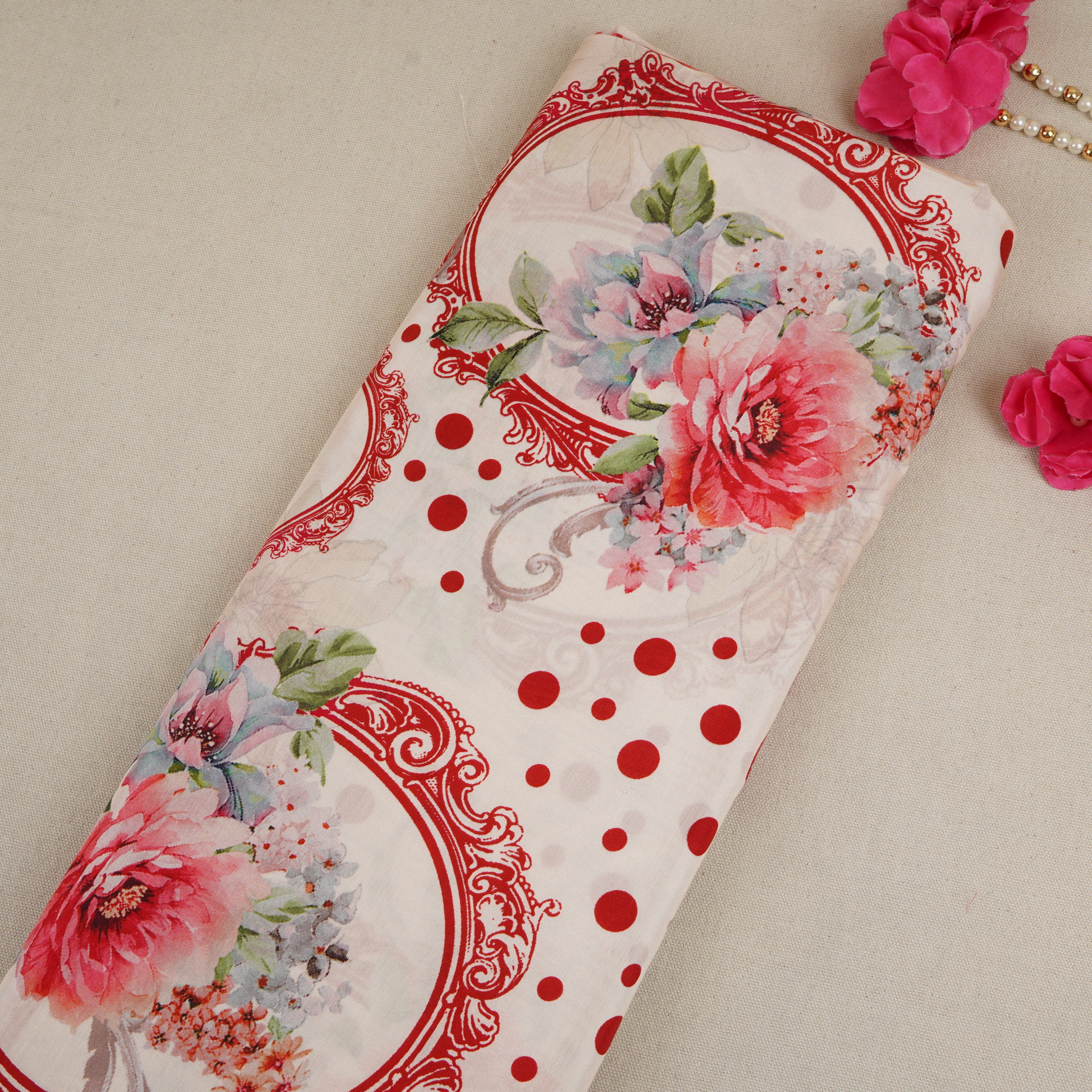 Red Floral Print Muslin Fabric MF-30183 - TradeUNO