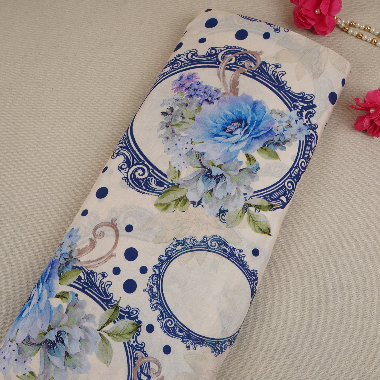 Royal Blue Floral Print Muslin Fabric MF-30179