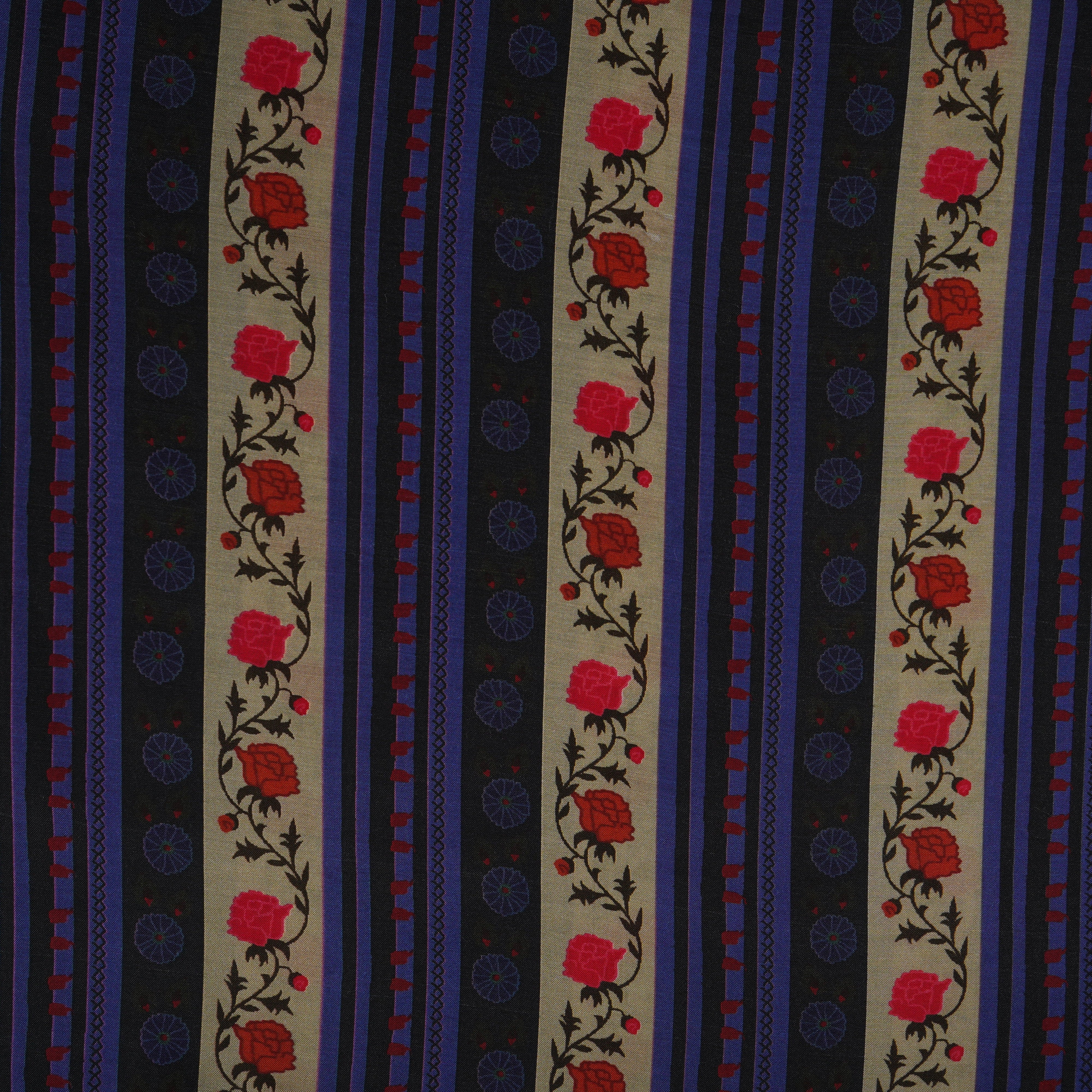 Cream & Navy Blue Stripes Print Muslin Fabric MF-30199 - TradeUNO