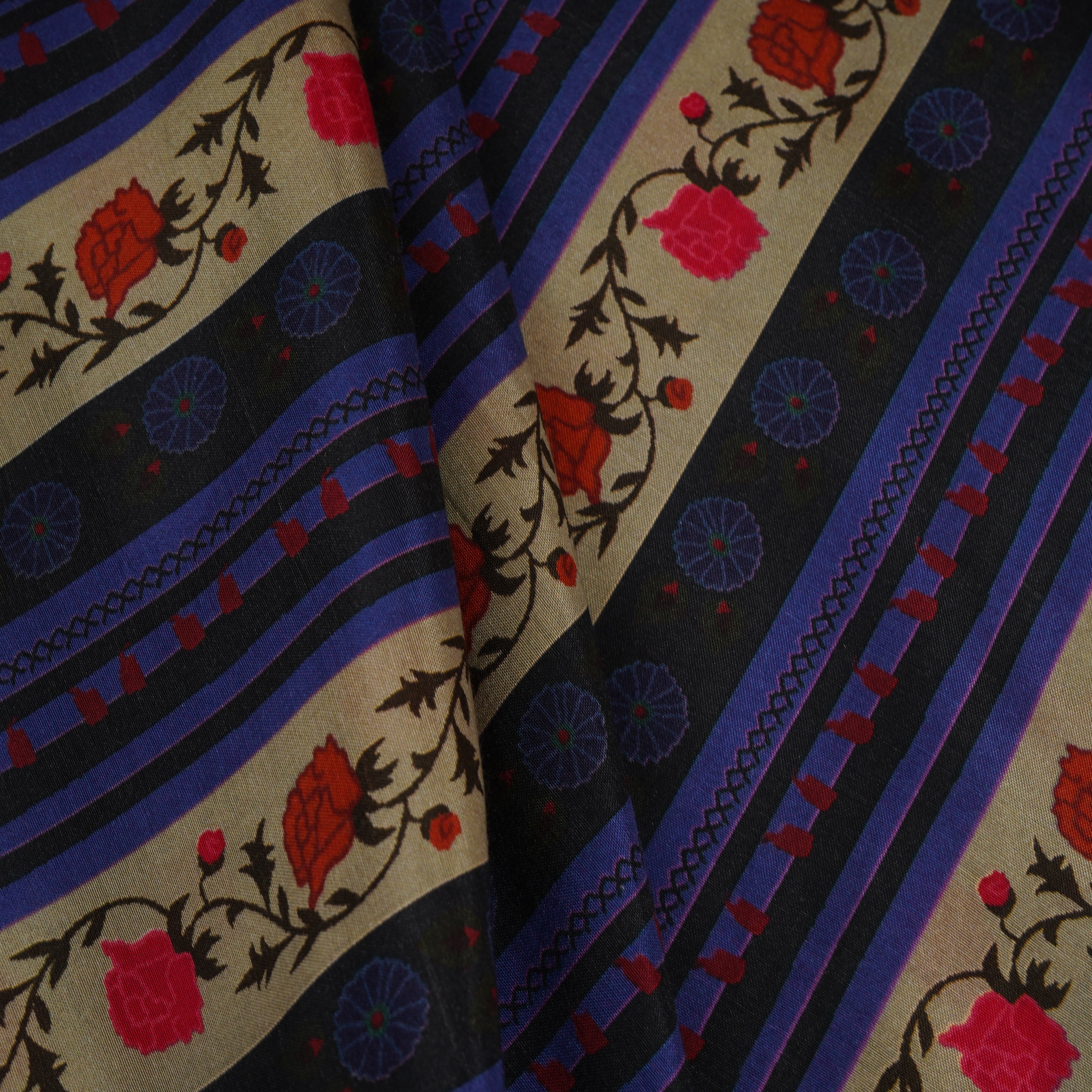 Cream & Navy Blue Stripes Print Muslin Fabric MF-30199 - TradeUNO