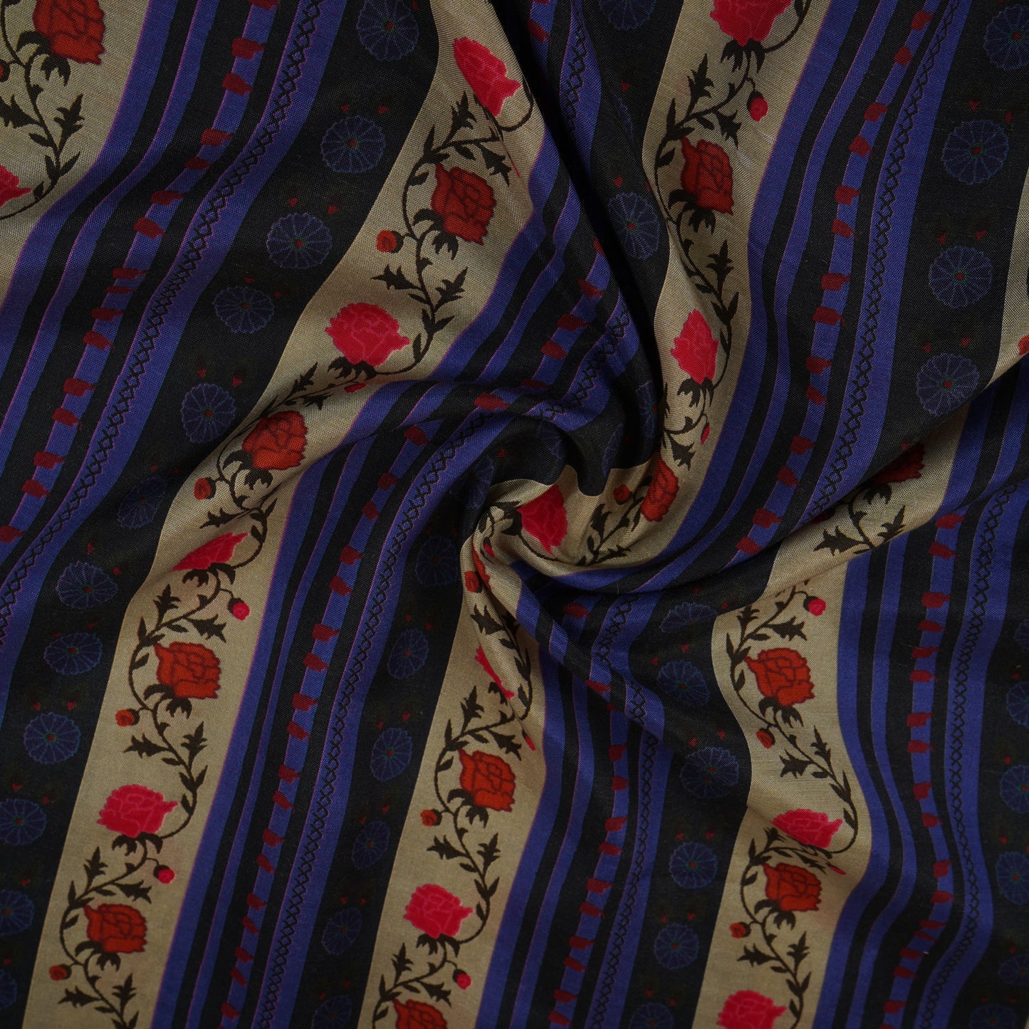 Cream & Navy Blue Stripes Print Muslin Fabric MF-30199