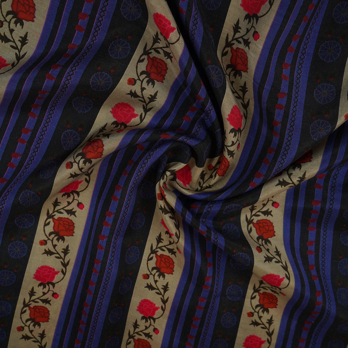 Cream & Navy Blue Stripes Print Muslin Fabric MF-30199 - TradeUNO