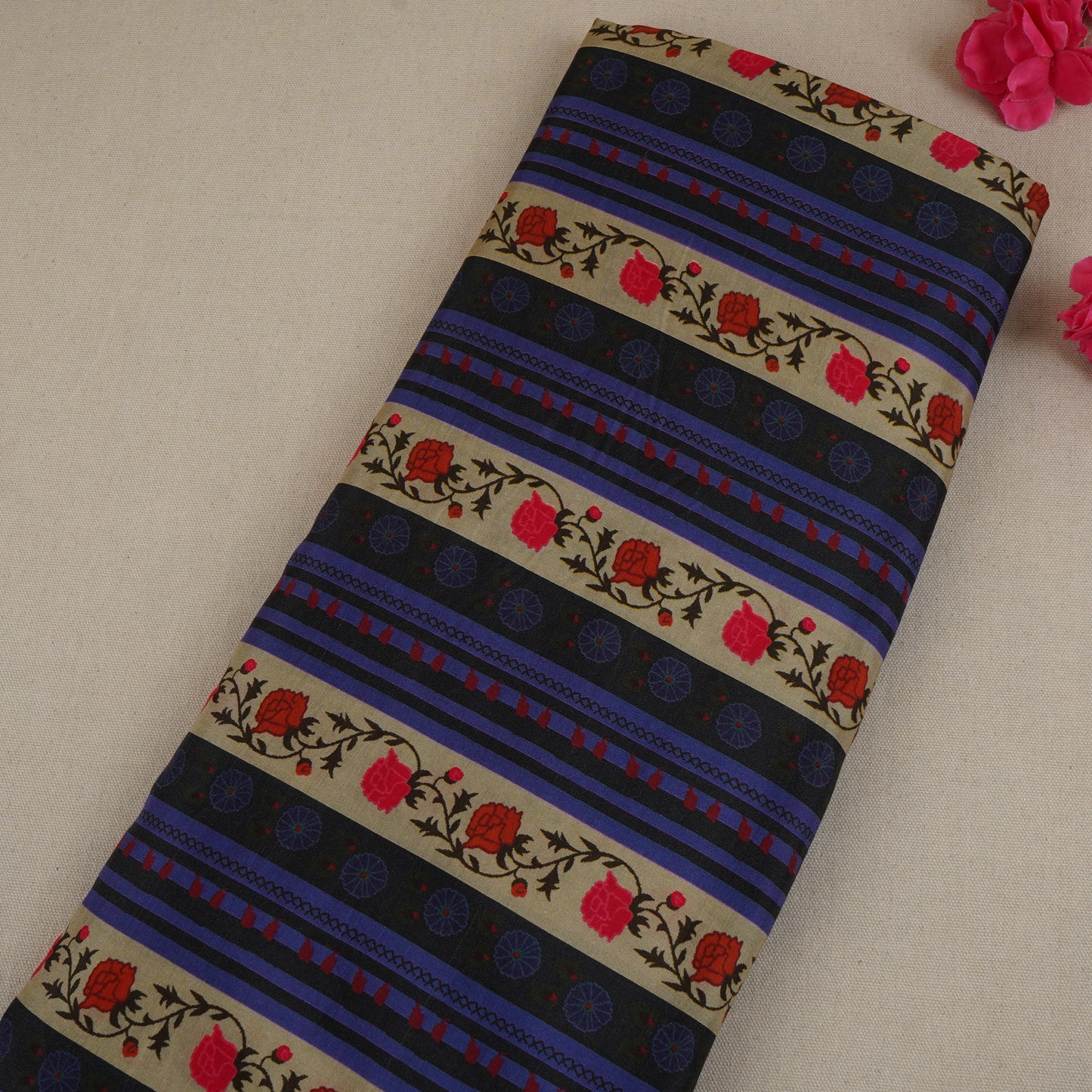 Cream & Navy Blue Stripes Print Muslin Fabric MF-30199