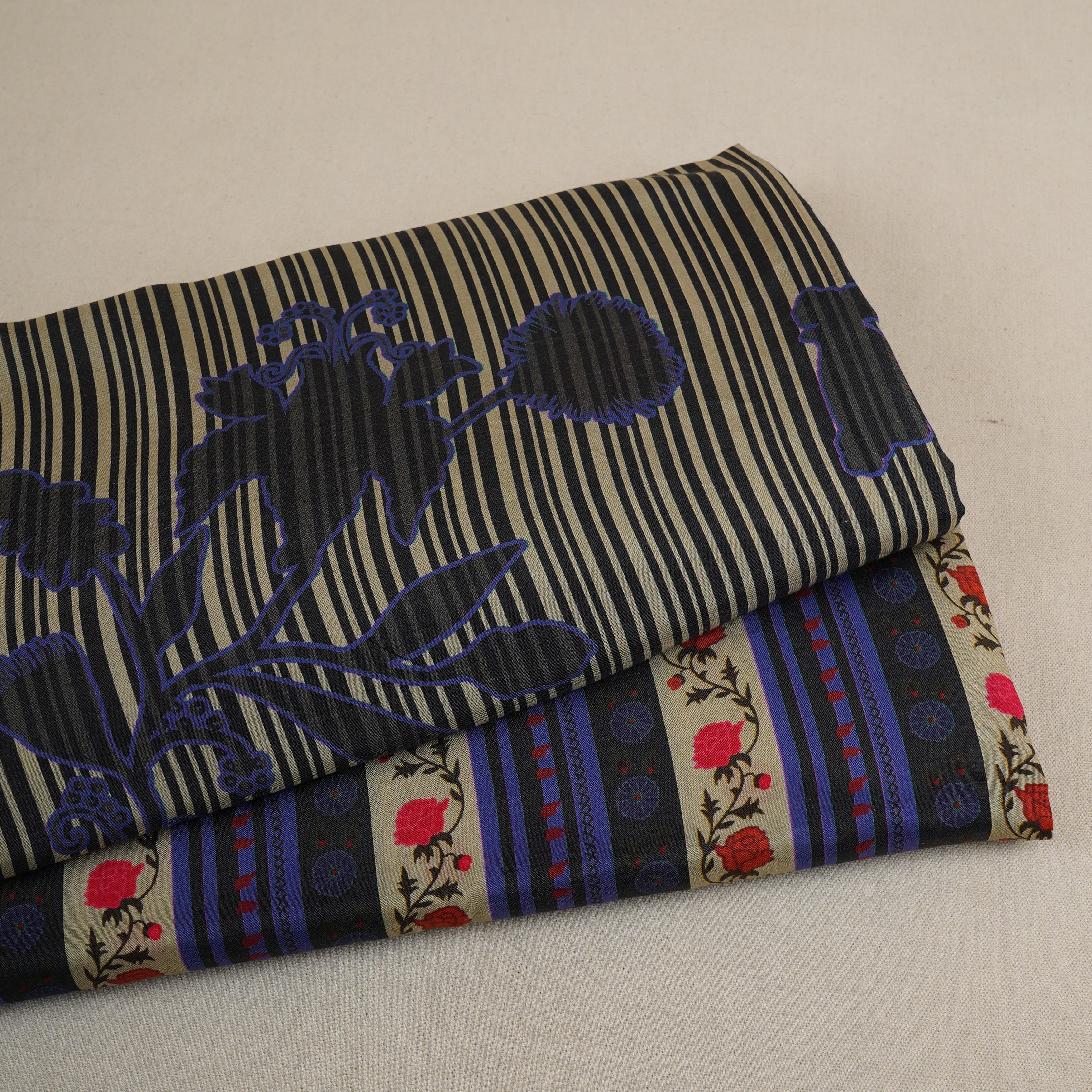 Cream & Navy Blue Stripes Print Muslin Fabric MF-30199 - TradeUNO